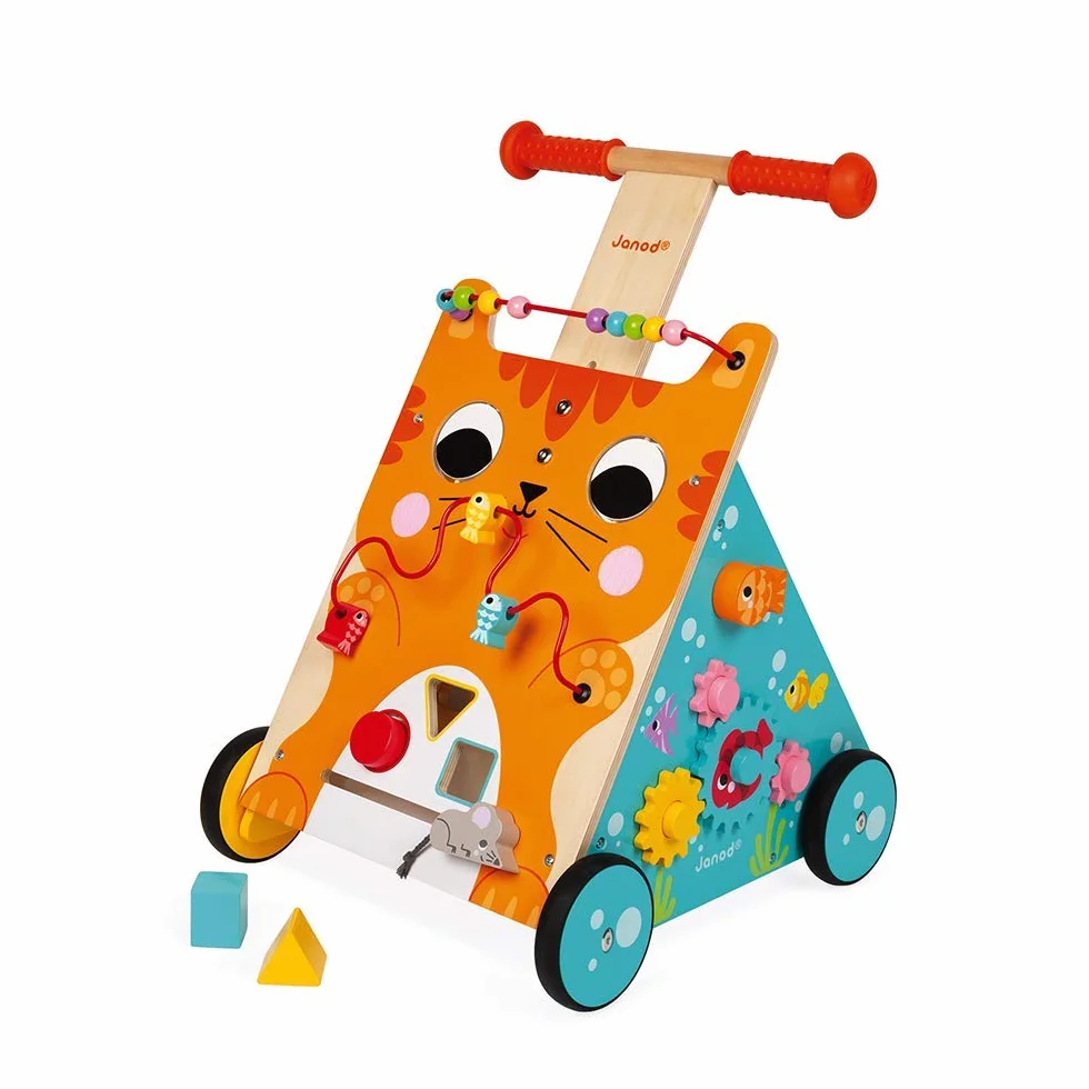Janod Chariot Multi-Activités Chat en Bois Pousseur Évolutif avec Frein et Poignée Ajustable Multicolore