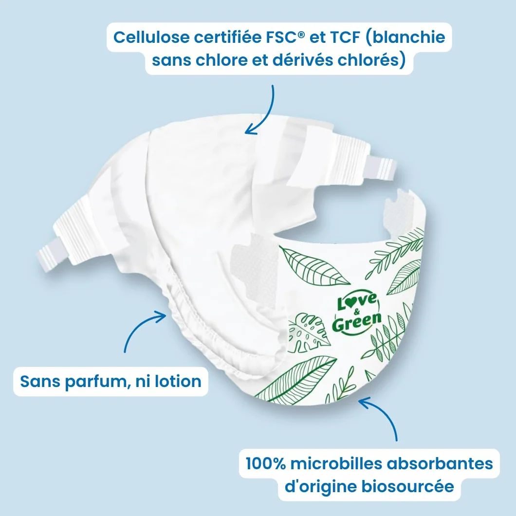 Love & Green Couches Bébé Taille 5 (11-25 Kg) Pack 1 Mois 160 Couches Absorbante Anti-fuites