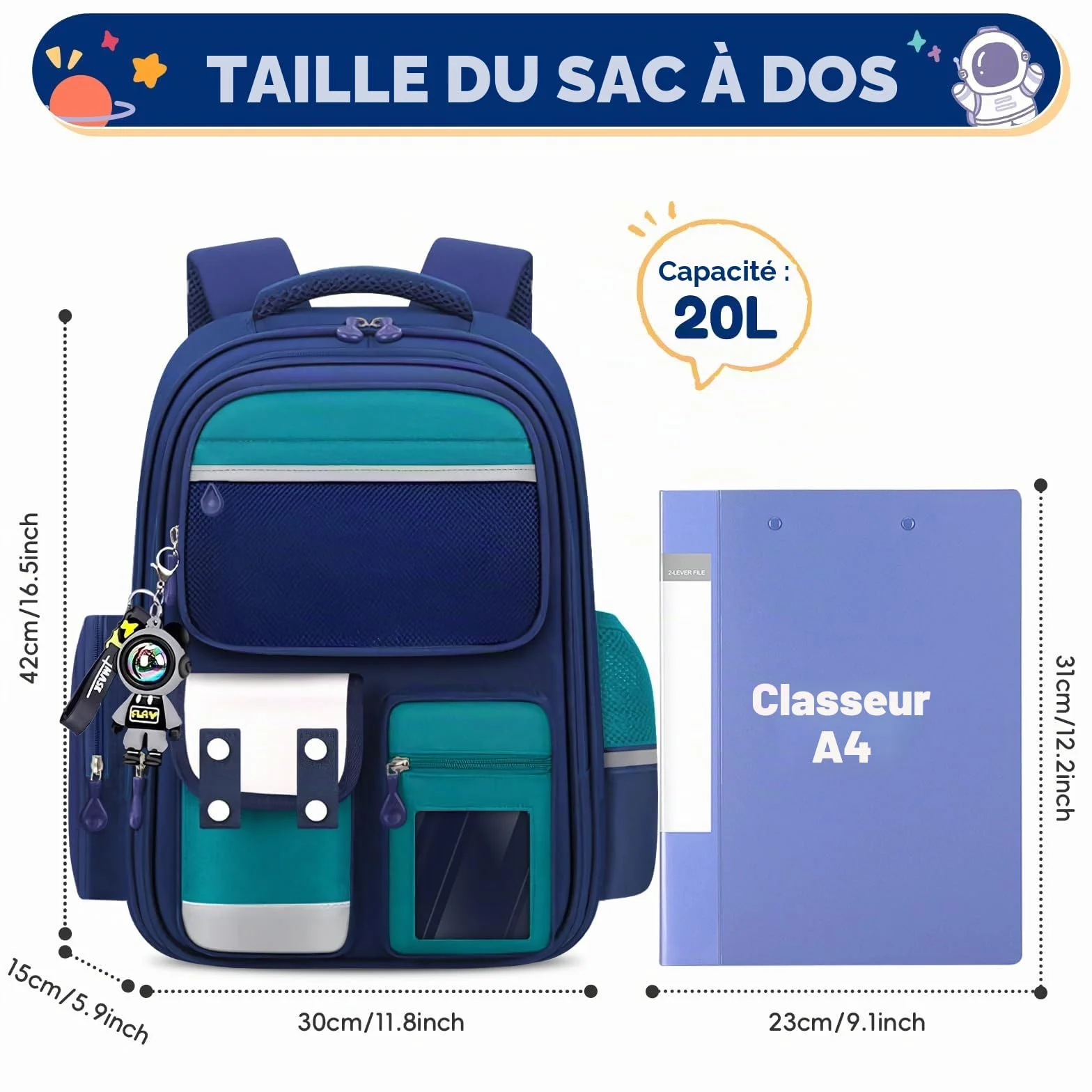 Sac à Dos Primaire Garçons 8-12 Ans Multi-compartiments Bandes Réfléchissantes Vert