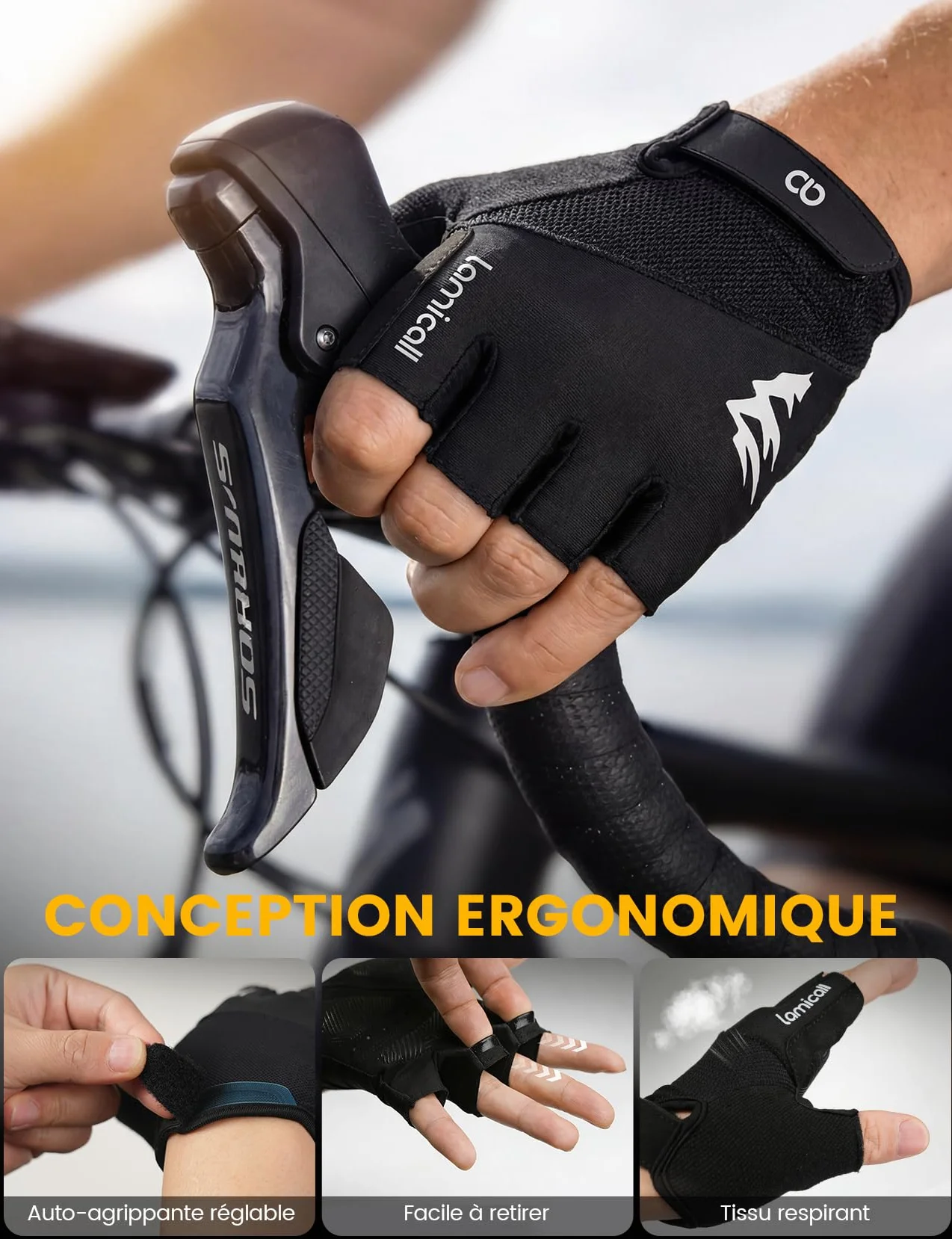 Lamicall Gants de Cyclisme Homme Femme Demi-Doigts Amortissant Respirant Été Vélo Paume Antidérapante Séchage Rapide