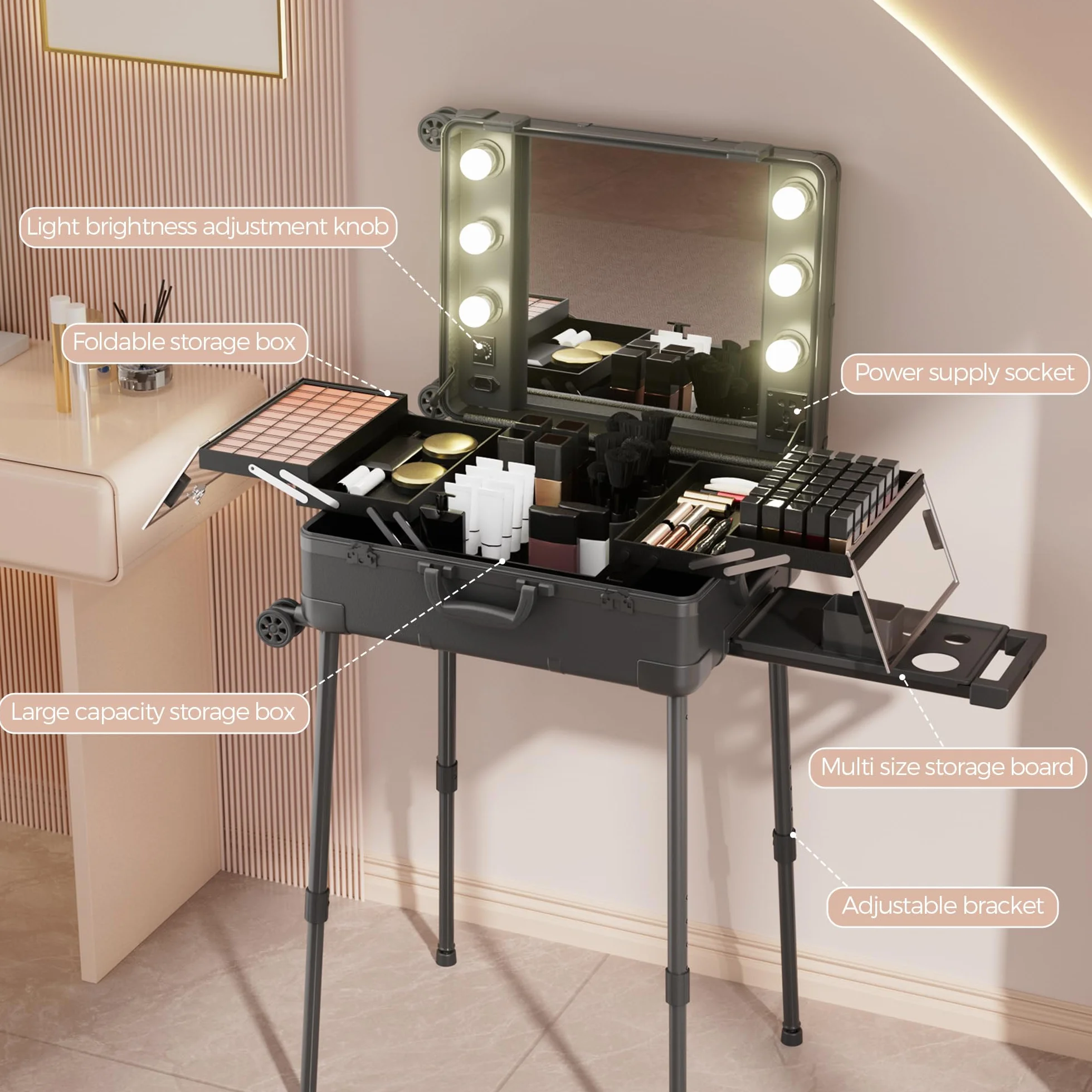 Valise de Maquillage à Roulettes en Aluminium avec Grand Miroir et Serrure à Code, Pliable pour Voyage et Studio
