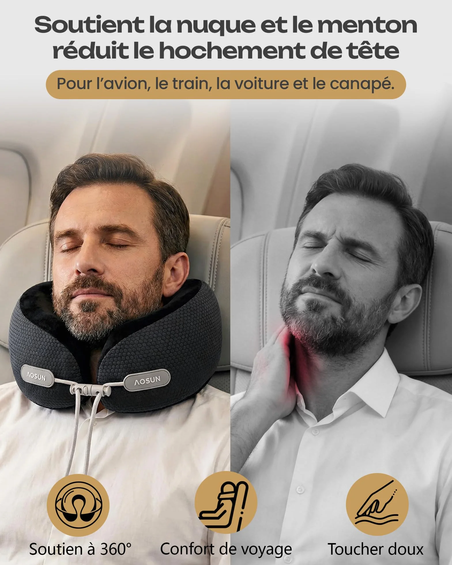 Aosun Coussin de Nuque de Voyage 4 en 1 avec Masque et Bouchon, Mousse à mémoire de Forme, Appui-Nuque Doux pour Dormir
