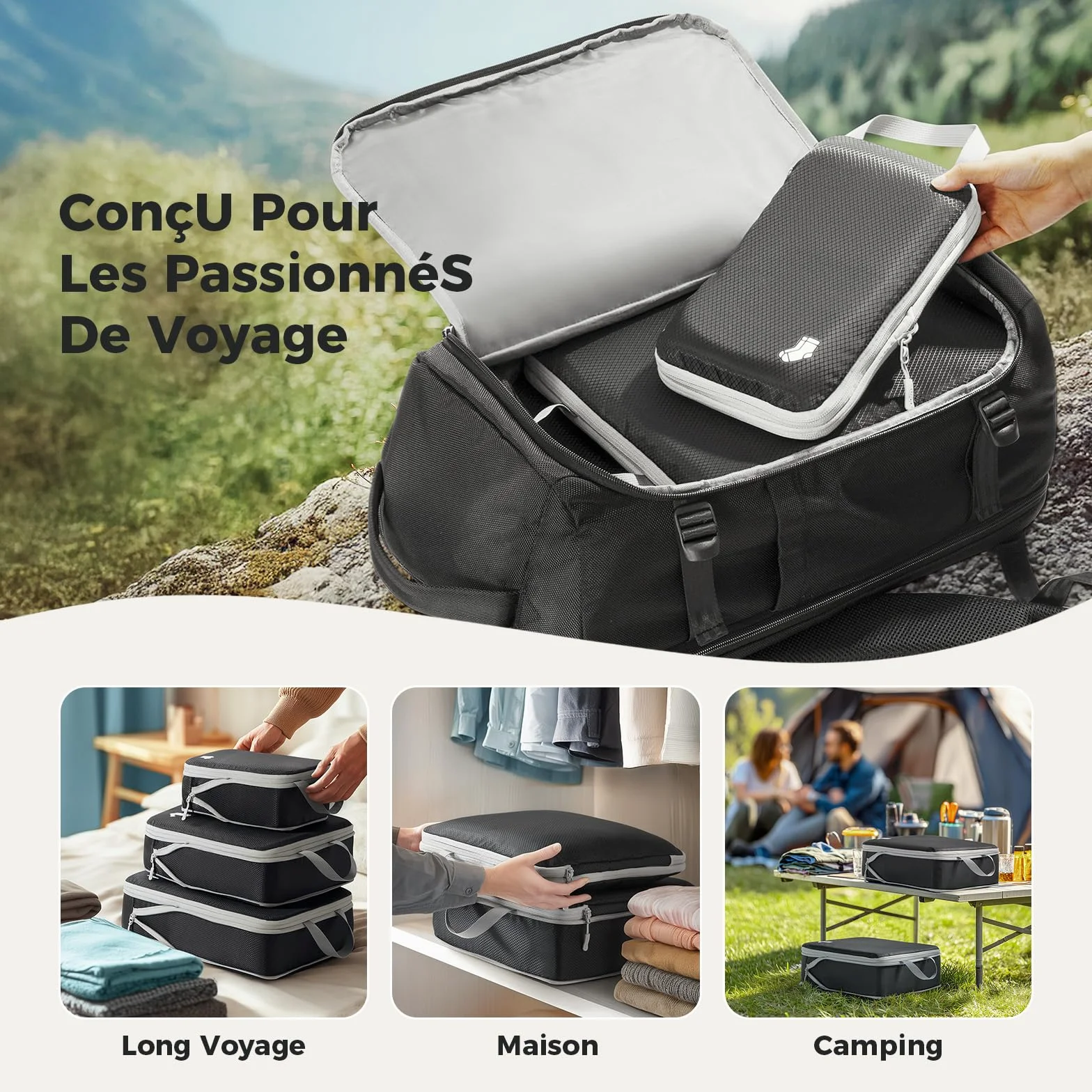 Packing Cubes Compression 8 pièces Organisateur Valise Rangement Voyage Sac à Dos