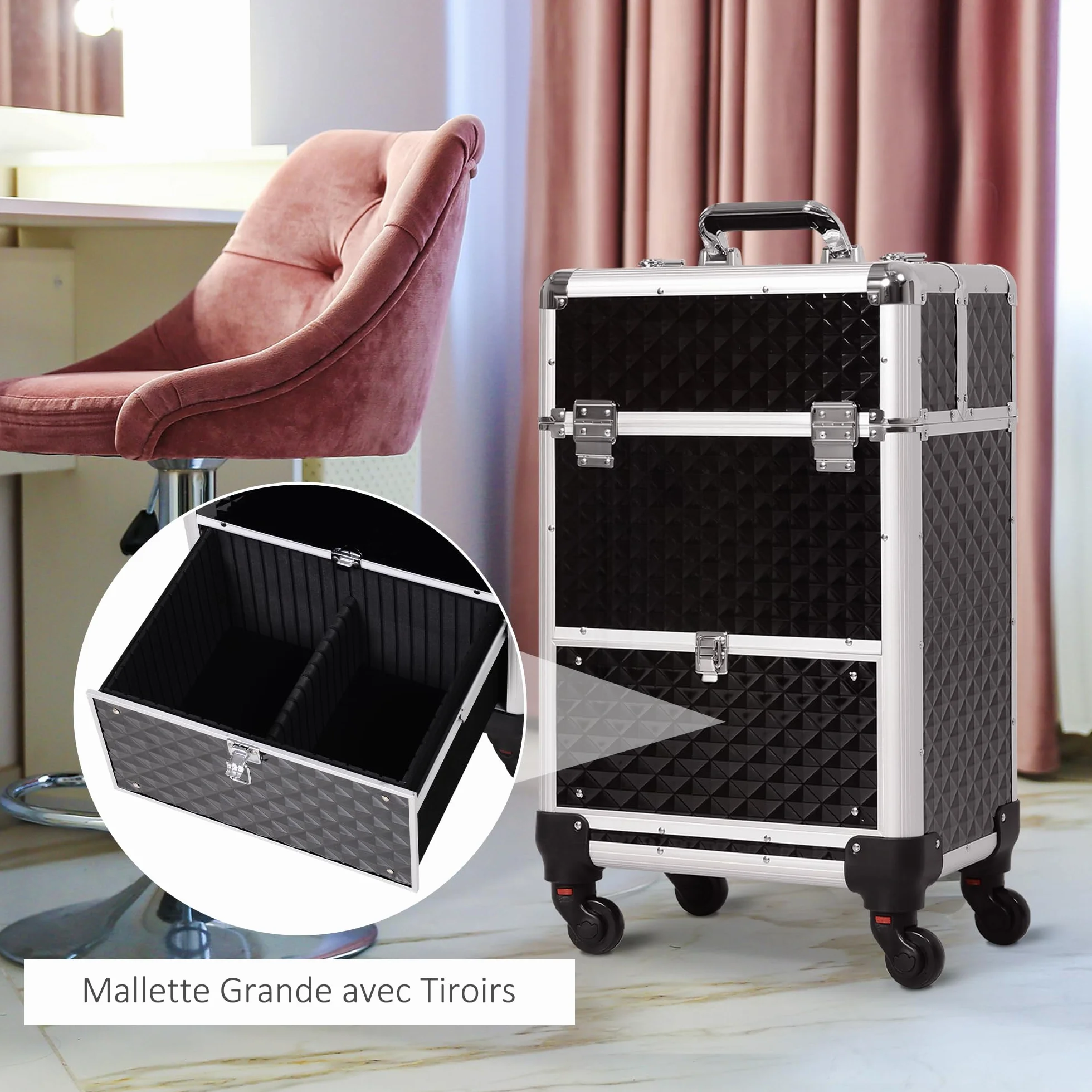 HOMCOM Valise Trolley Maquillage Mallette cosmétique Vanité poignée télescopique 34x25x62 cm alu Noir