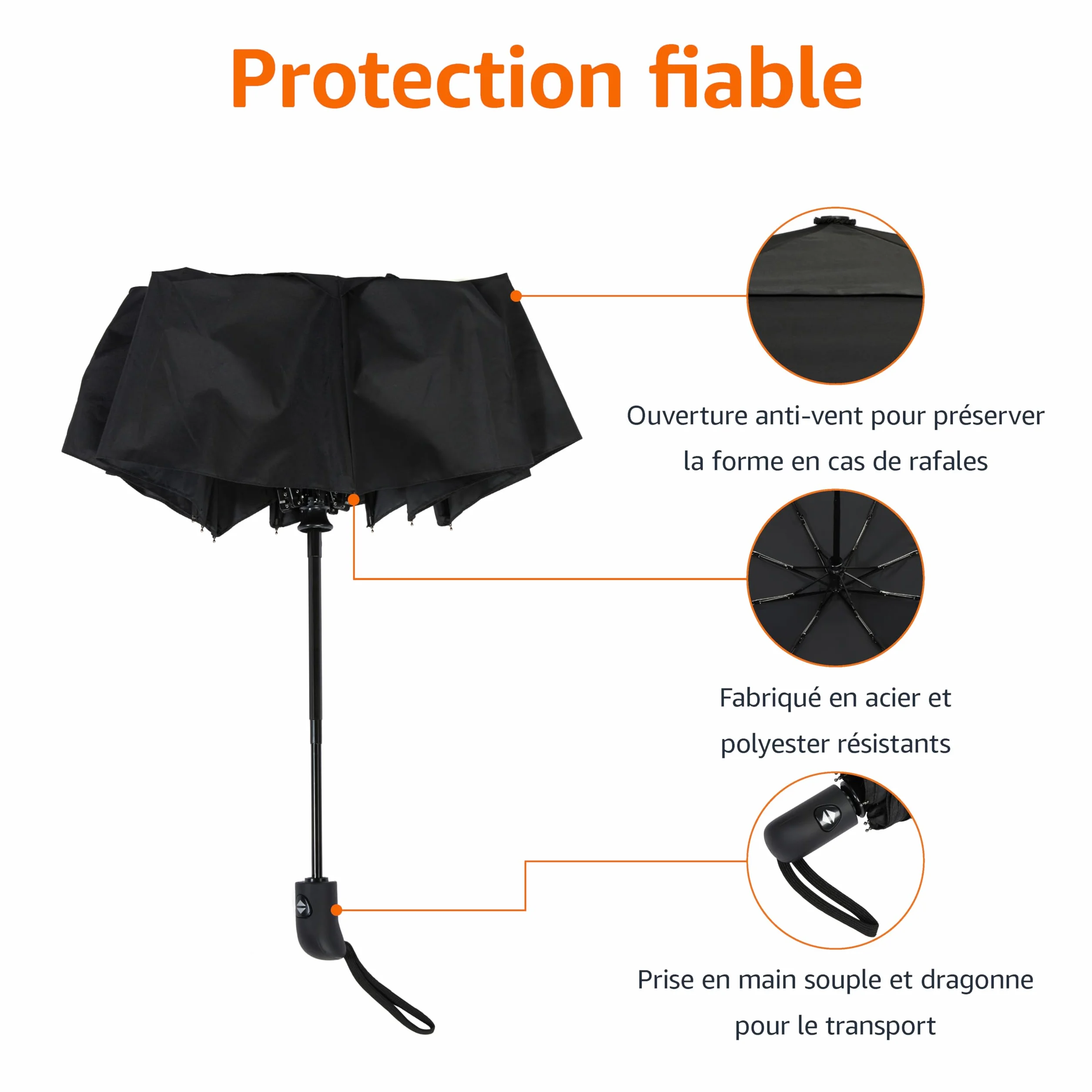 Amazon Basics Parapluie de voyage automatique compact 98 cm, résistant au vent, avec aération, noir