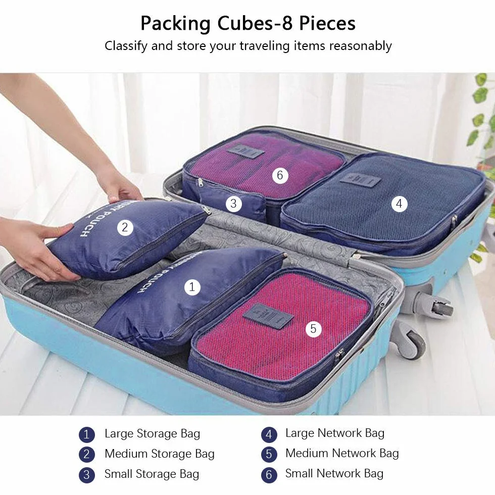 Vicloon Lot de 8 Organiseurs de Bagage Sacs de Voyage Cubes Étanches Différentes Tailles Bleu foncé