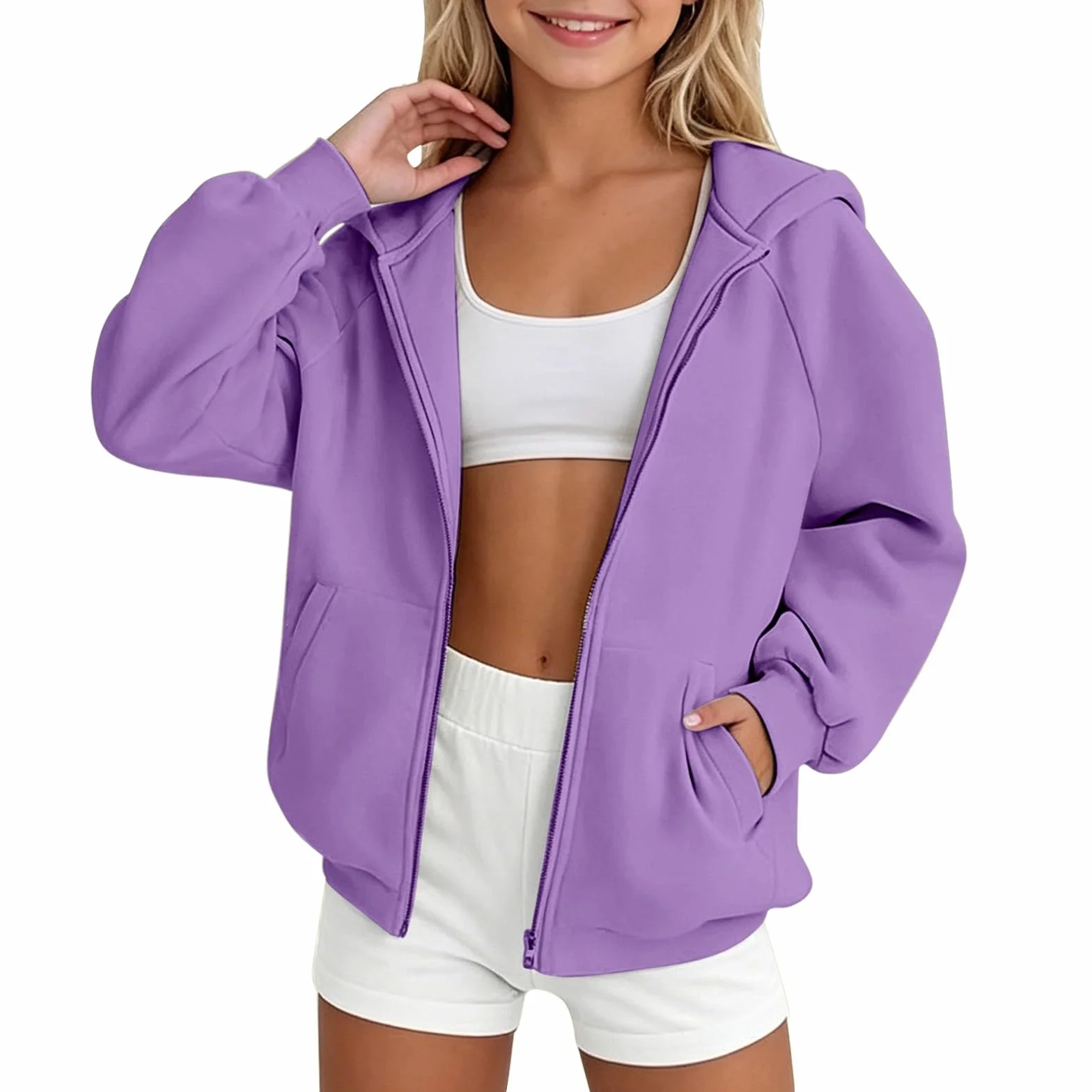 Sweat à capuche zippé pour filles - Veste ample à manches longues - Vêtement d'extérieur décontracté