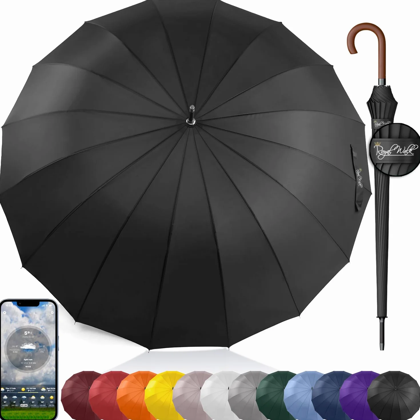 Royal Walk Parapluie Automatique XXL 120cm 16 Baleines Anti Tempête Solide Golf Poignée Bois