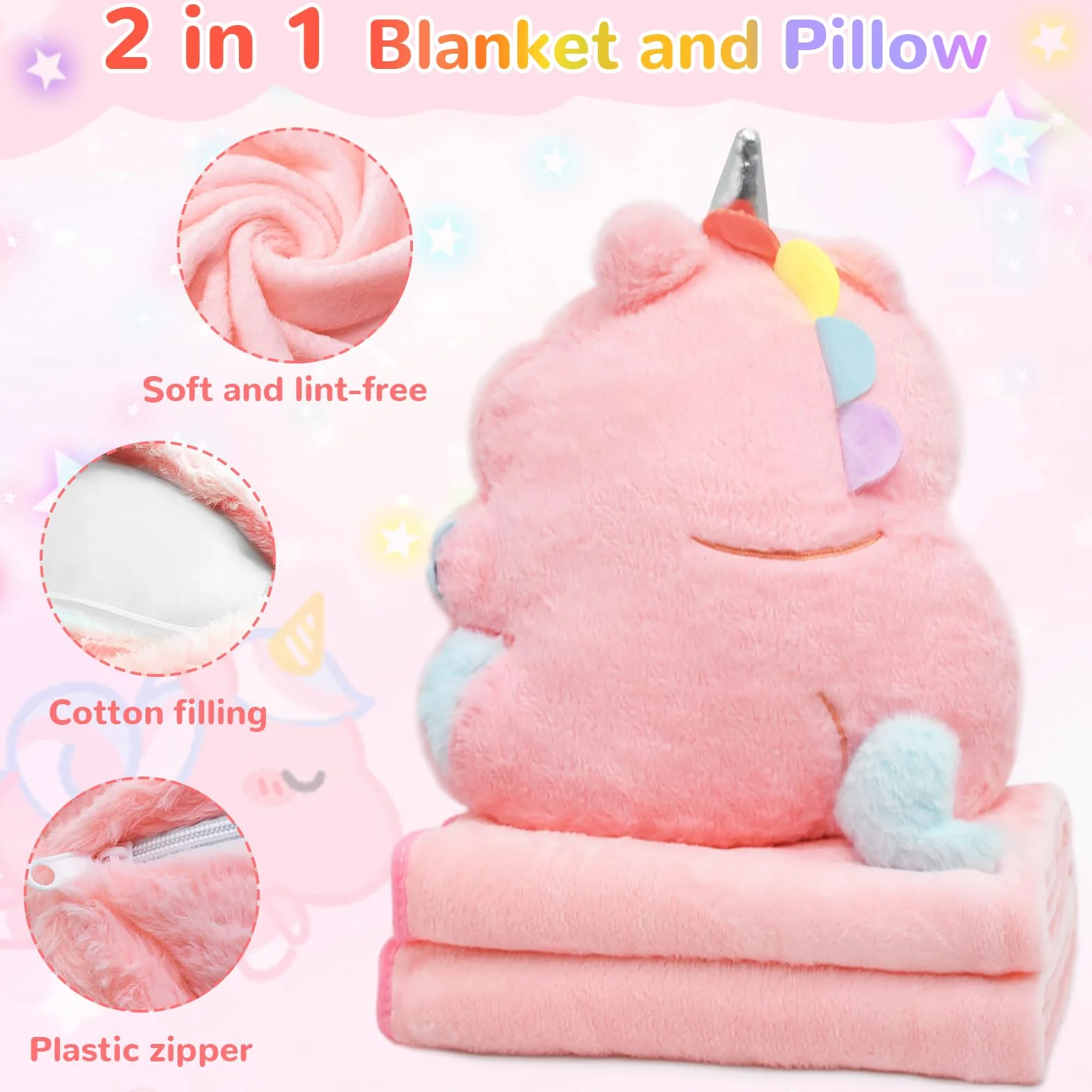 Cyiecw Unicorn Couverture à Coutures Coussinées 100x170 cm Oreiller 35x33 cm Peluche Enfants Cadeau Filles Garçons Rose