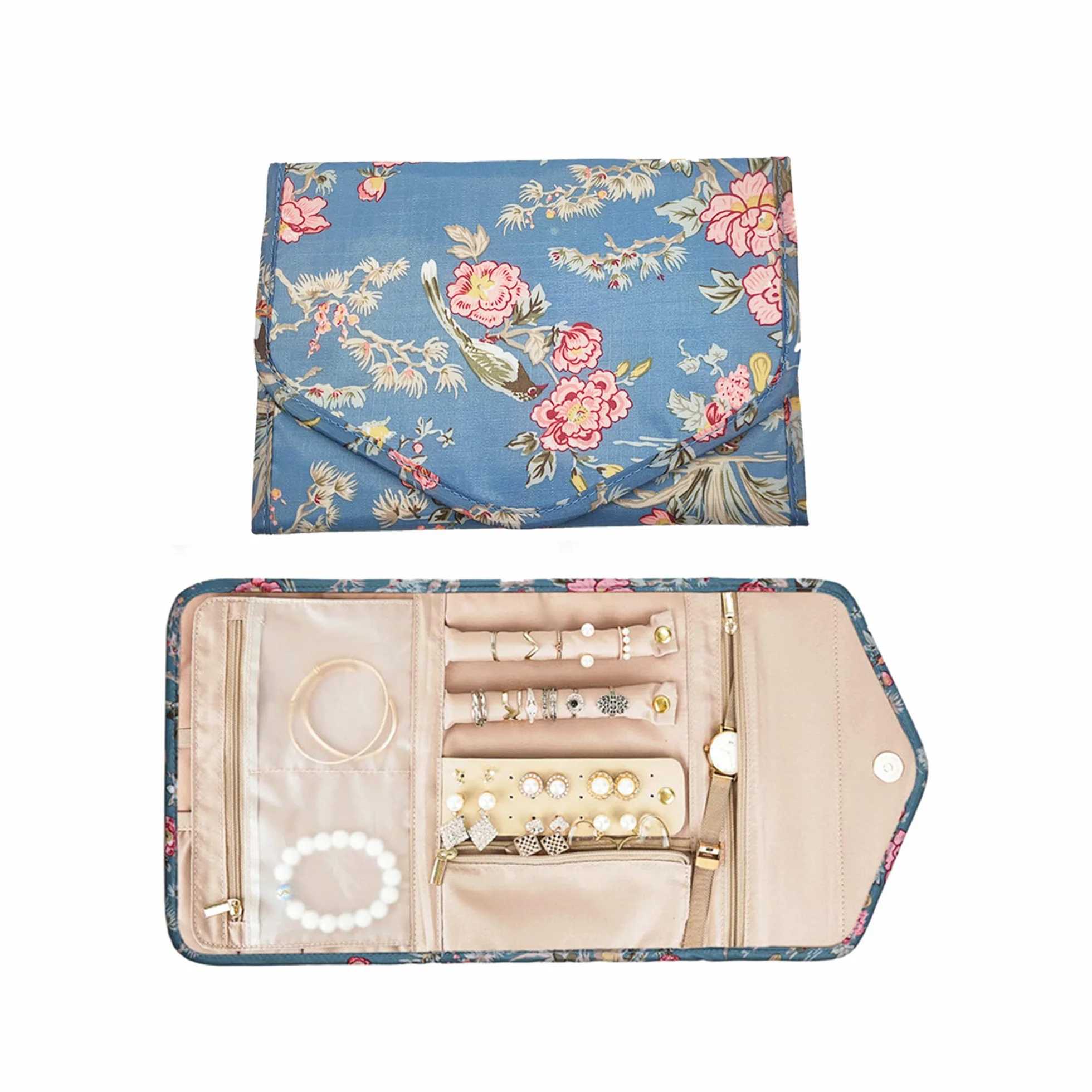 Pochette Rouleaux Bijoux Pliable Organisateur Rangement Bijoux Portable Plusieurs Compartiments Boucles d'Oreilles Colliers Bagues Bracelets (Floral, L)