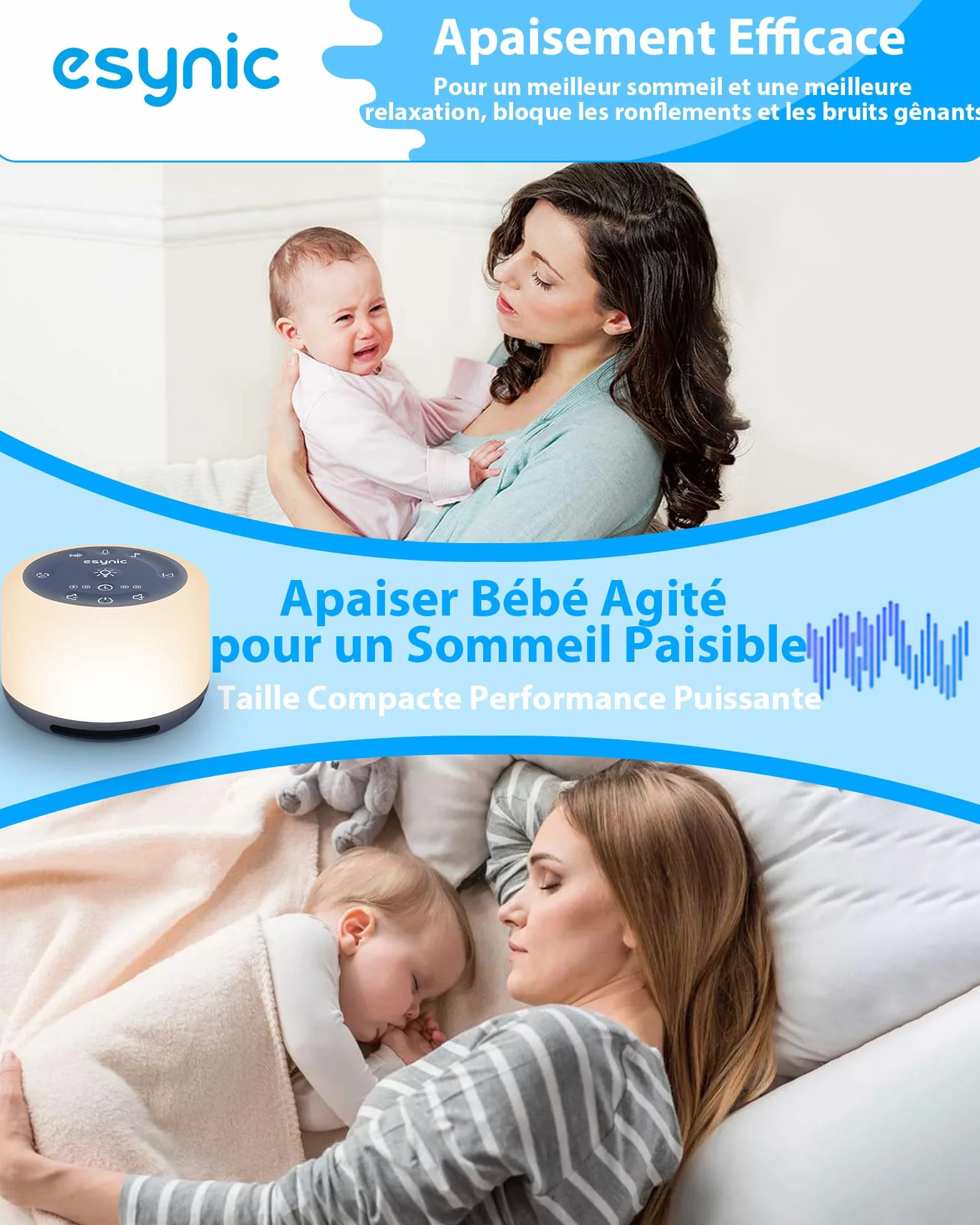 eSynic Machine à Bruit Blanc Portable pour Bébé avec 30 Sons Relaxants, Veilleuse Réglable, Minuterie, Batterie Intégrée (Bleu)