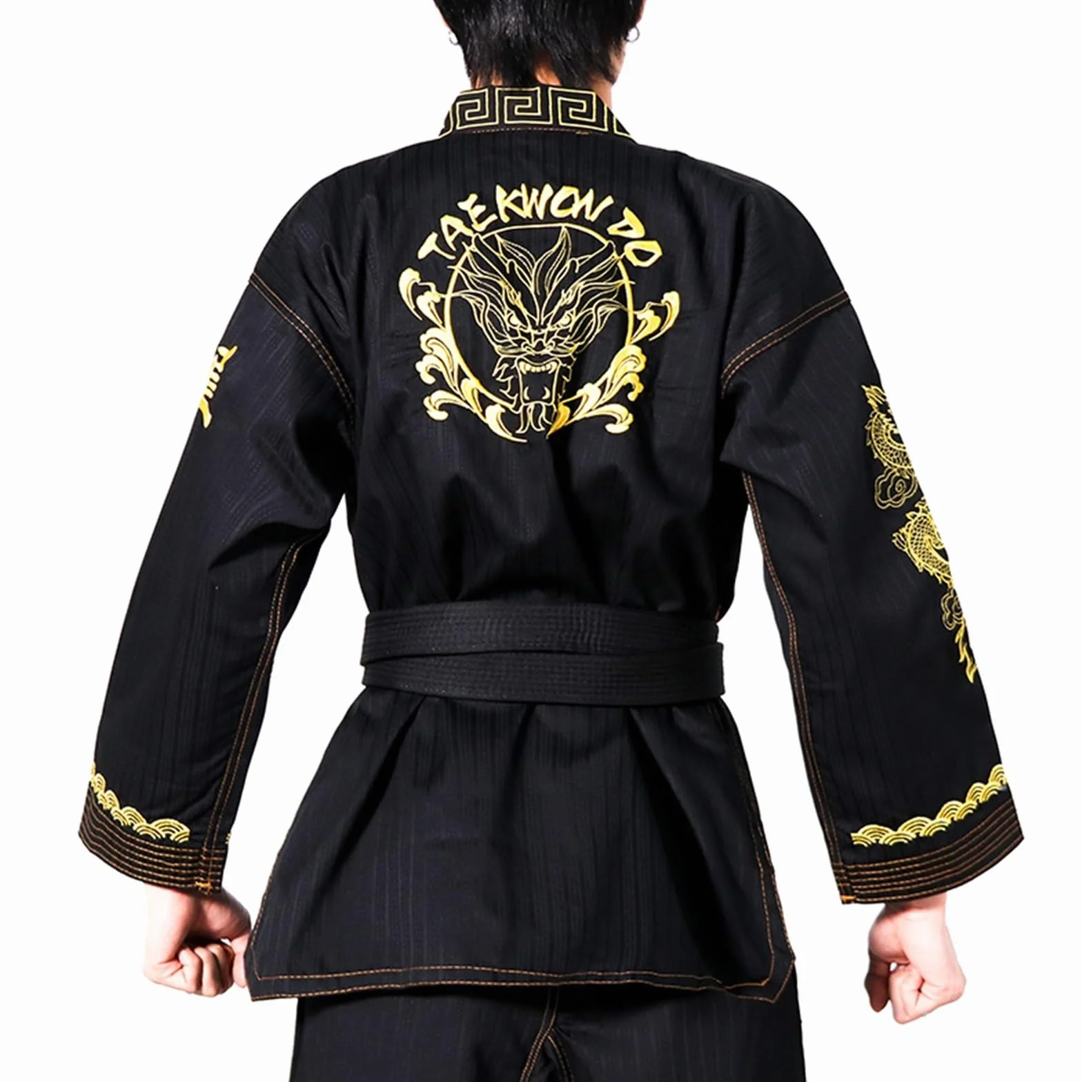 Ensemble d'uniforme Taekwondo Gi noir avec dragon brodé - Ceinture incluse