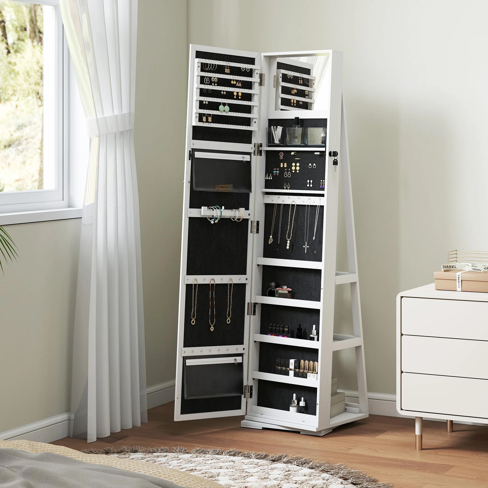 HOMCOM Armoire à Bijoux pivotante verrouillable avec Miroir en Bois Blanc