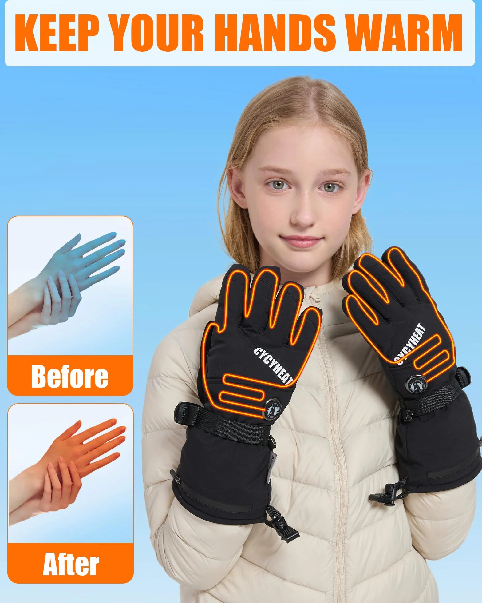 Gants chauffants pour enfants imperméables avec batteries 2700 mAh 3 niveaux chauffage Noir S-M