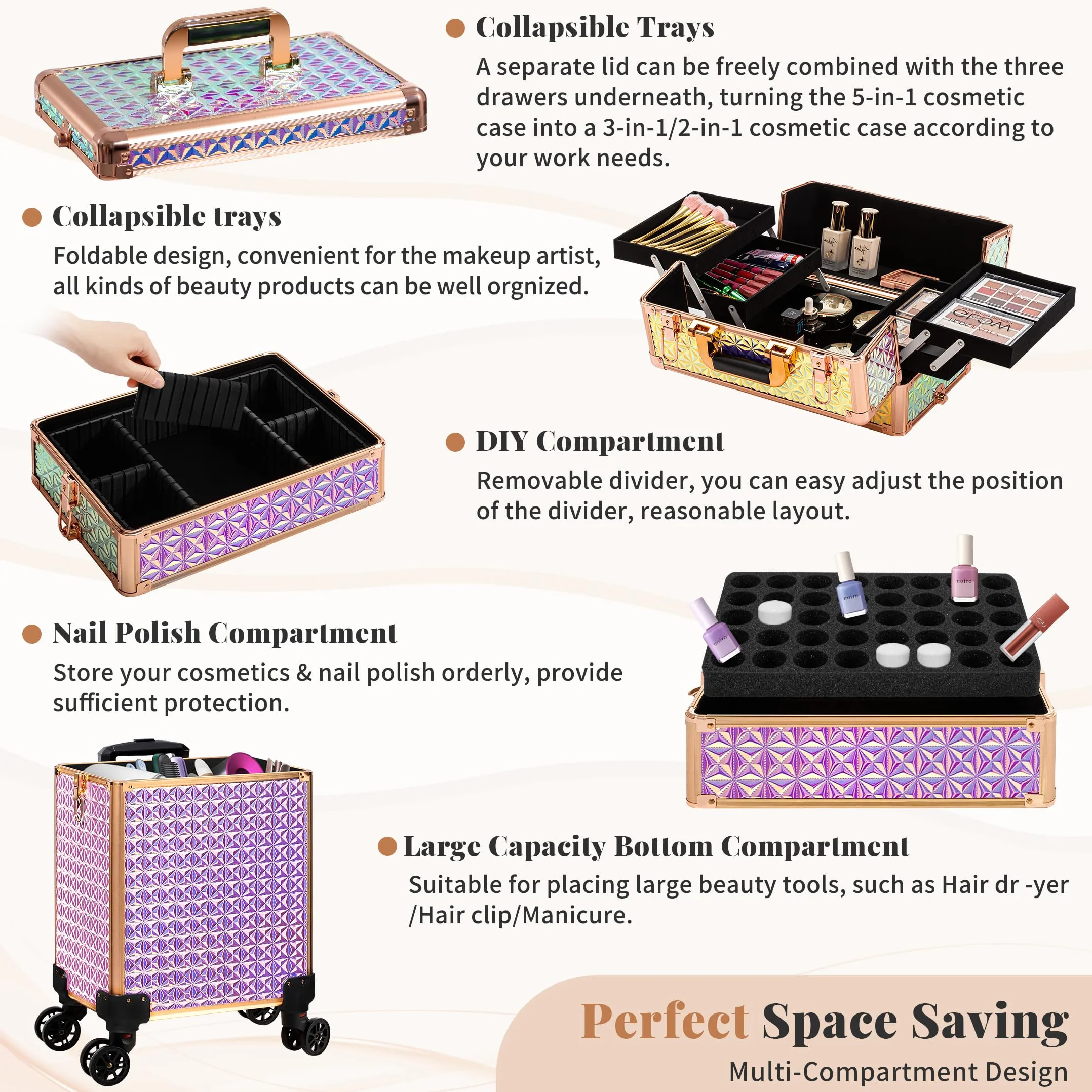 Mallette de maquillage professionnelle en aluminium 5 en 1 avec roulettes pivotantes 360°
