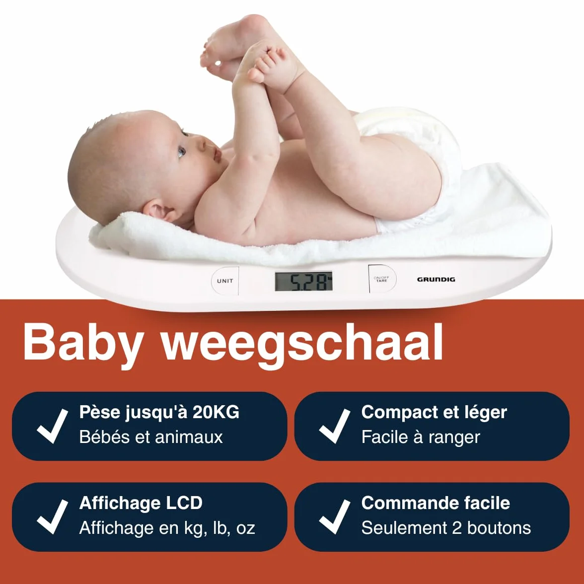 Grundig Balance Bébé Pèse Bébé Digital 20kg Écran LCD Fonction Tare Balance Nouveau-Né