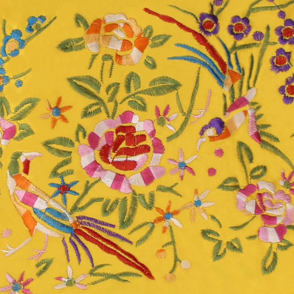 Sac à bijoux de voyage en brocart de soie fleurs et oiseaux avec rubans, fermeture à nouer, jaune