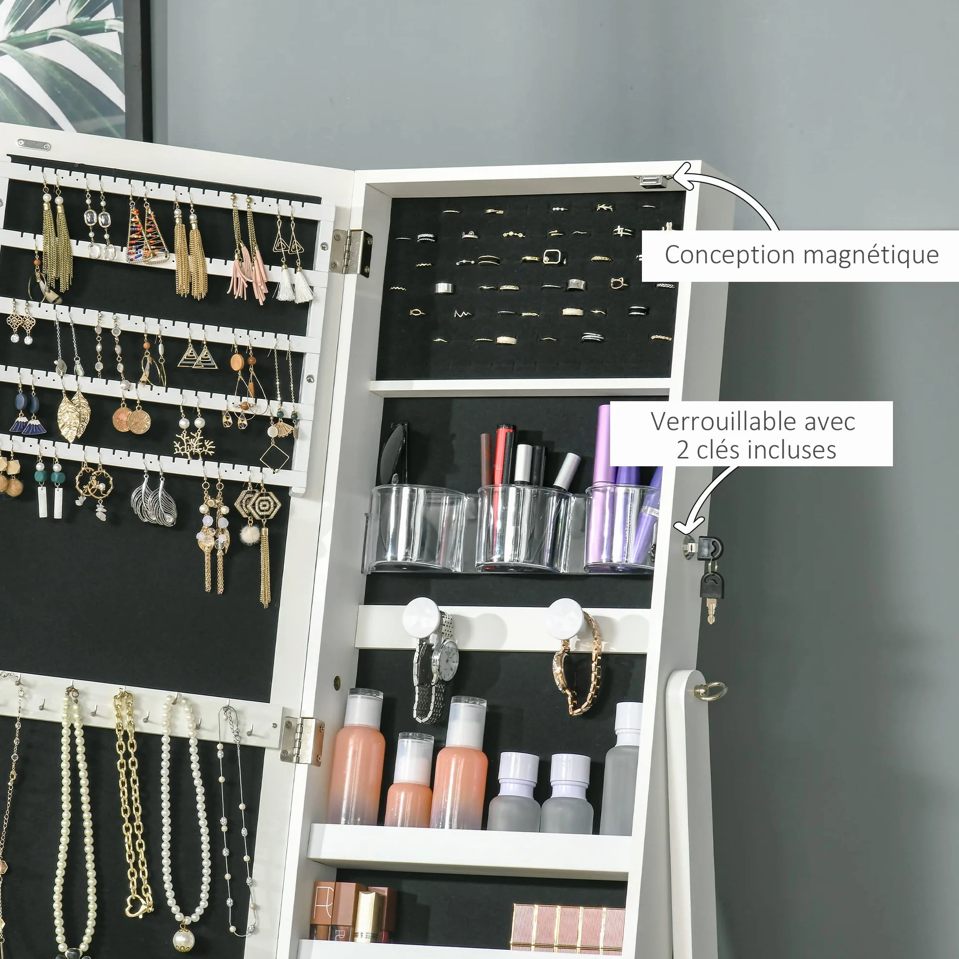 HOMCOM Armoire à bijoux LED avec miroir sur pied blanc