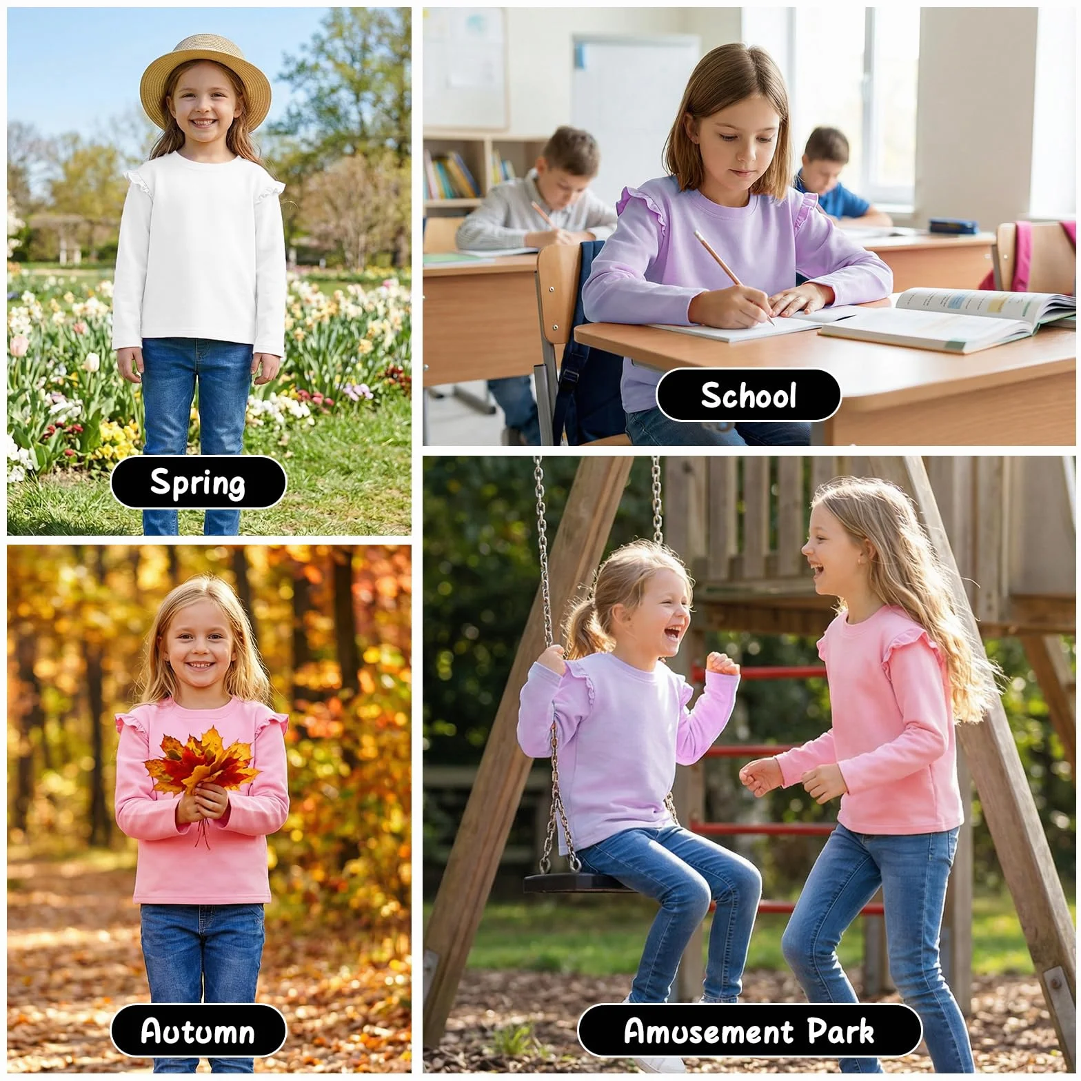 T-Shirt Fille Coton Manches Longues Col Rond Volanté Décontracté Haut Sport Enfant 6-12 Ans