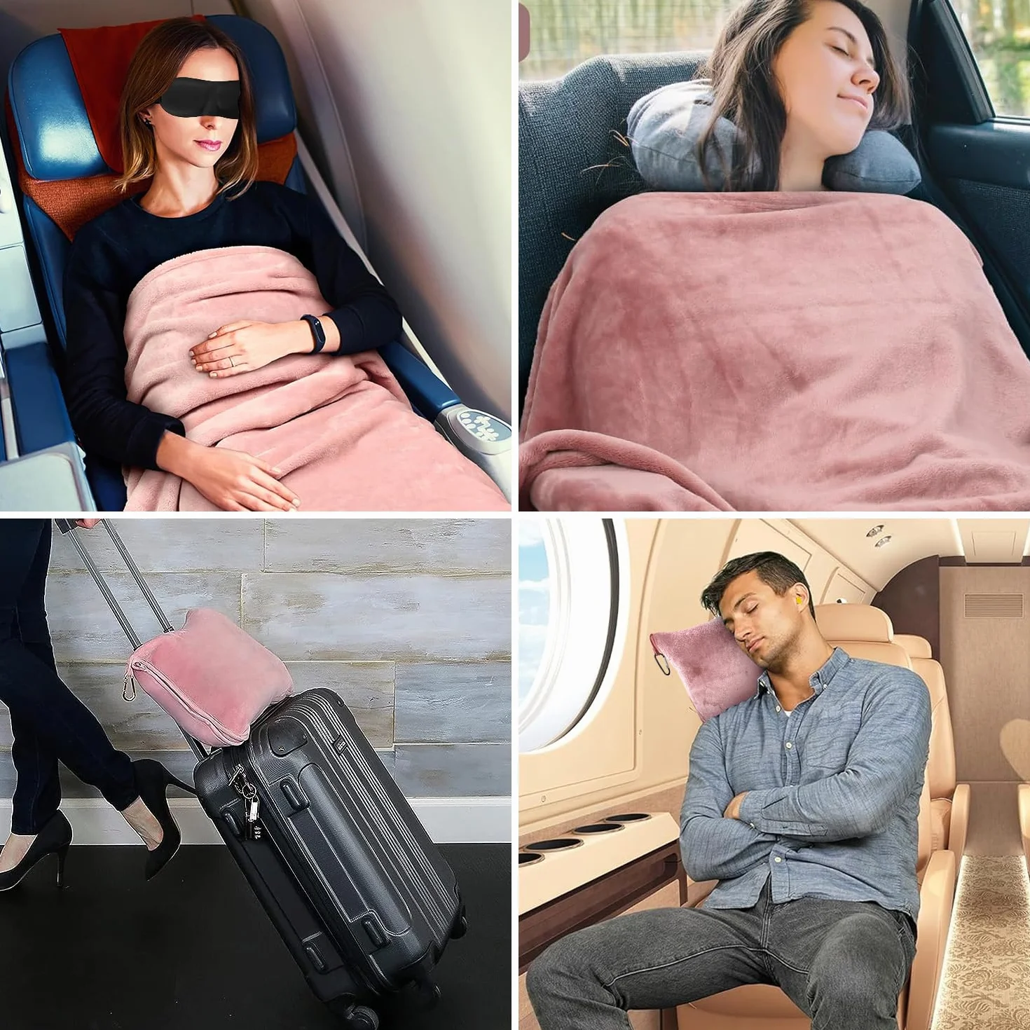 Bocguy Couverture de Voyage Avion 2 en 1 Ultra Légère avec Masque de Sommeil et Bouchons d'oreilles Rose