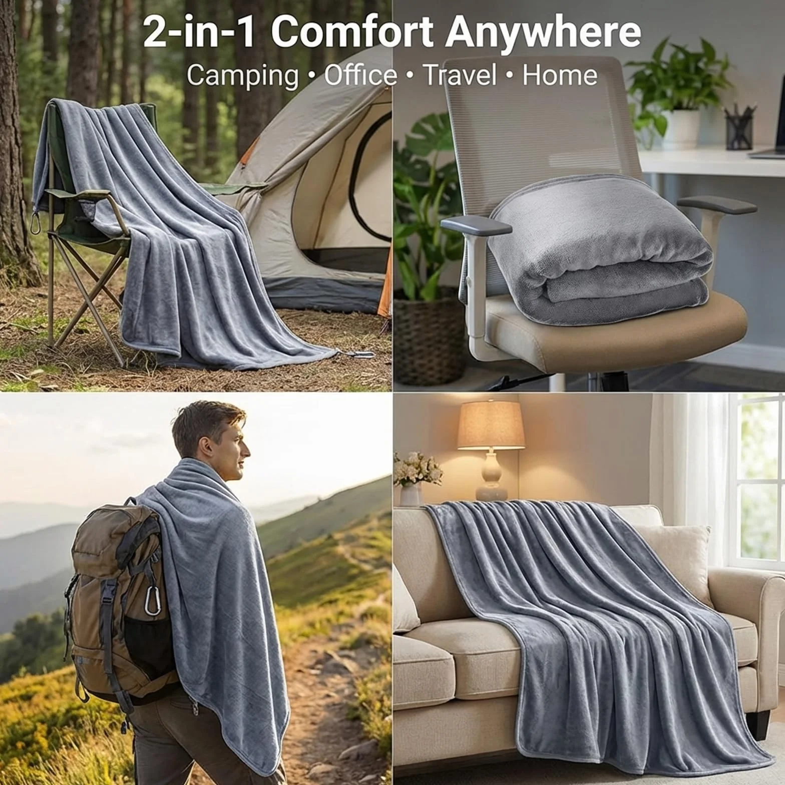 Couverture 2 en 1 Transformable 127 x 152 cm Oreiller de Voyage Pliable Ultra Légère Chaude avec Manchon Bagages Clip Sac à Dos