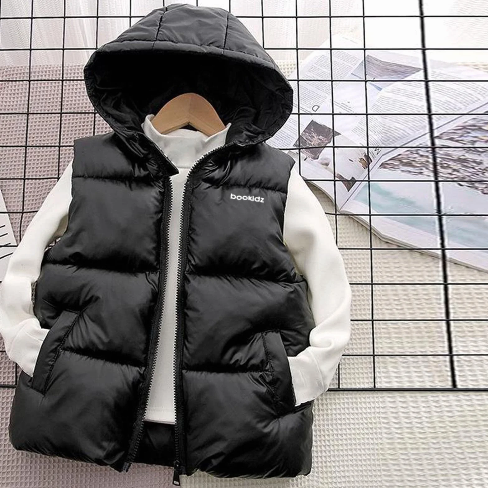 Gilet bouffant à capuche sans manches garçon chaud rembourré léger manteau thermique duvet noir 12-13 ans