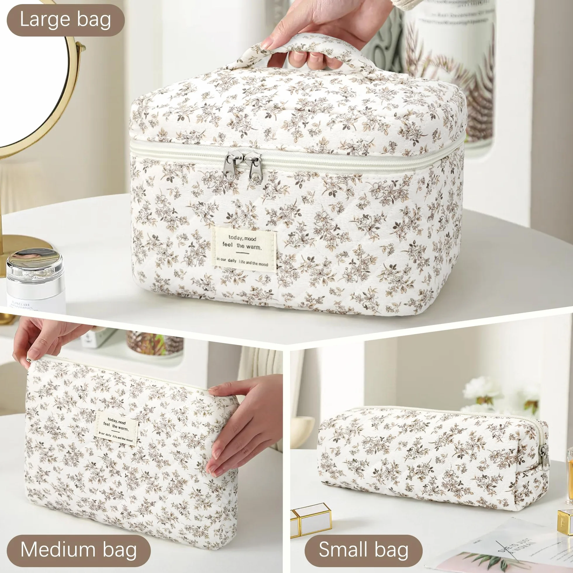 Lot de 3 Trousse Maquillage Femme, Ensemble Trousse de Toilette avec Motif Floral, Sac Organiseur Cosmétique Voyage