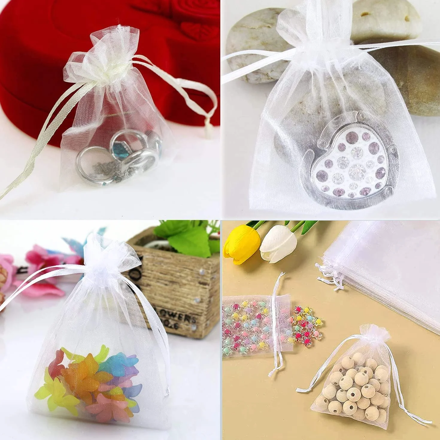 Sachets en organza blanc 9 x 12 cm Lot de 100 avec cordon en satin