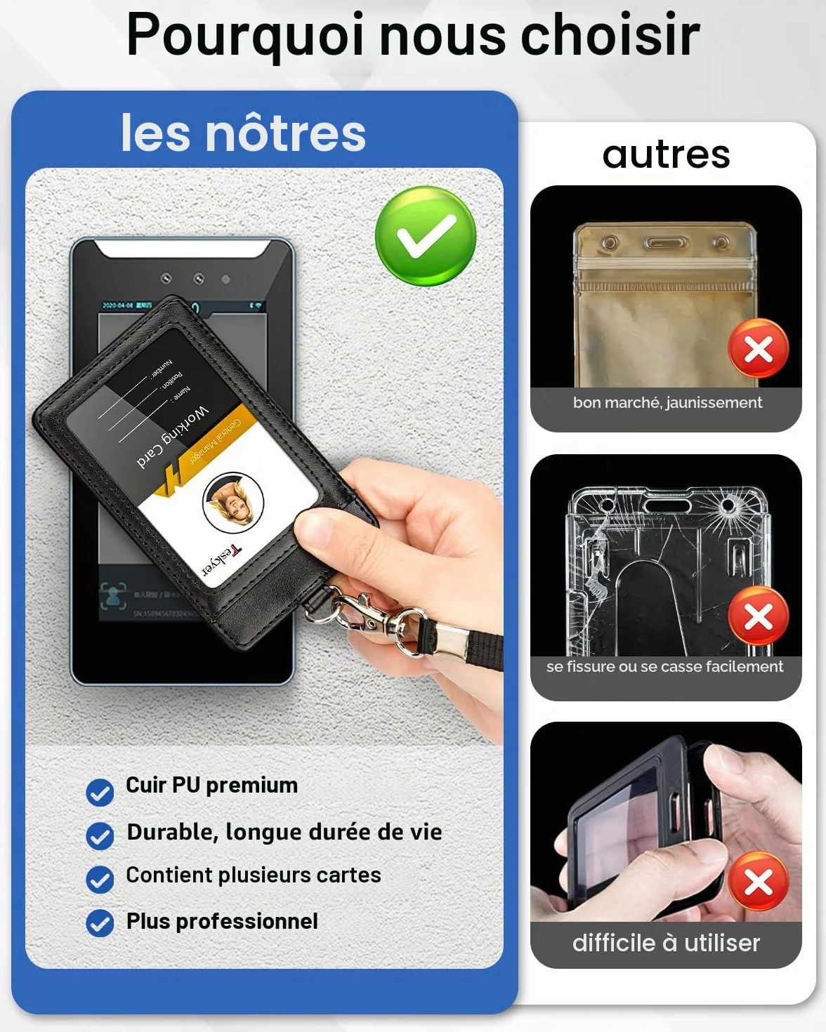 Teskyer Porte Badge Tour de Cou Cuir PU 2 Emplacements Cartes Noir
