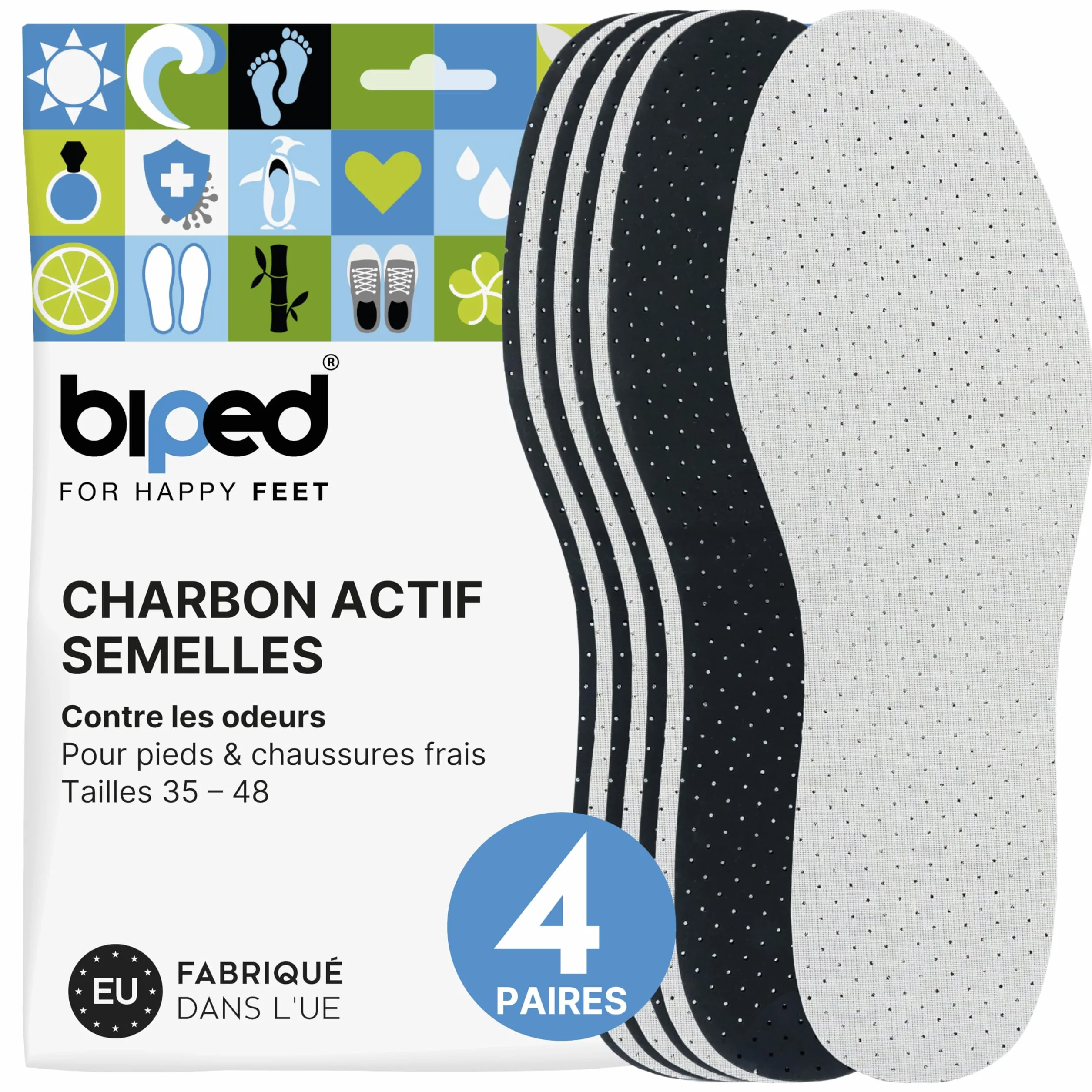 Semelles charbon actif Lot de 4 paires - Contre pieds transpirants - Régulation température - Pour chaussures fraîches