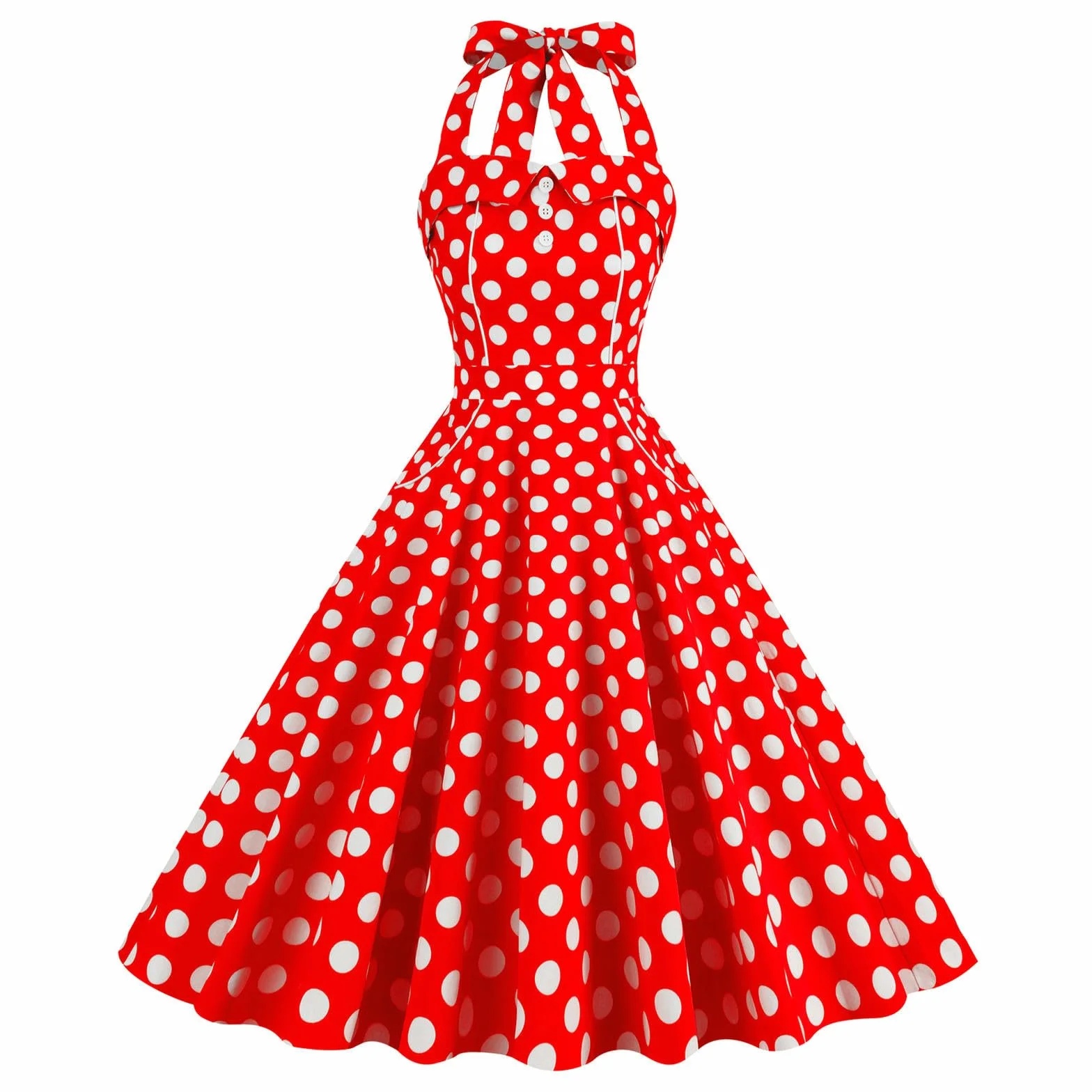 Robe de Pique-Nique à Lacets Dos Nu à Pois Rouge avec Gros Points Blancs Costume de Performance Rétro M