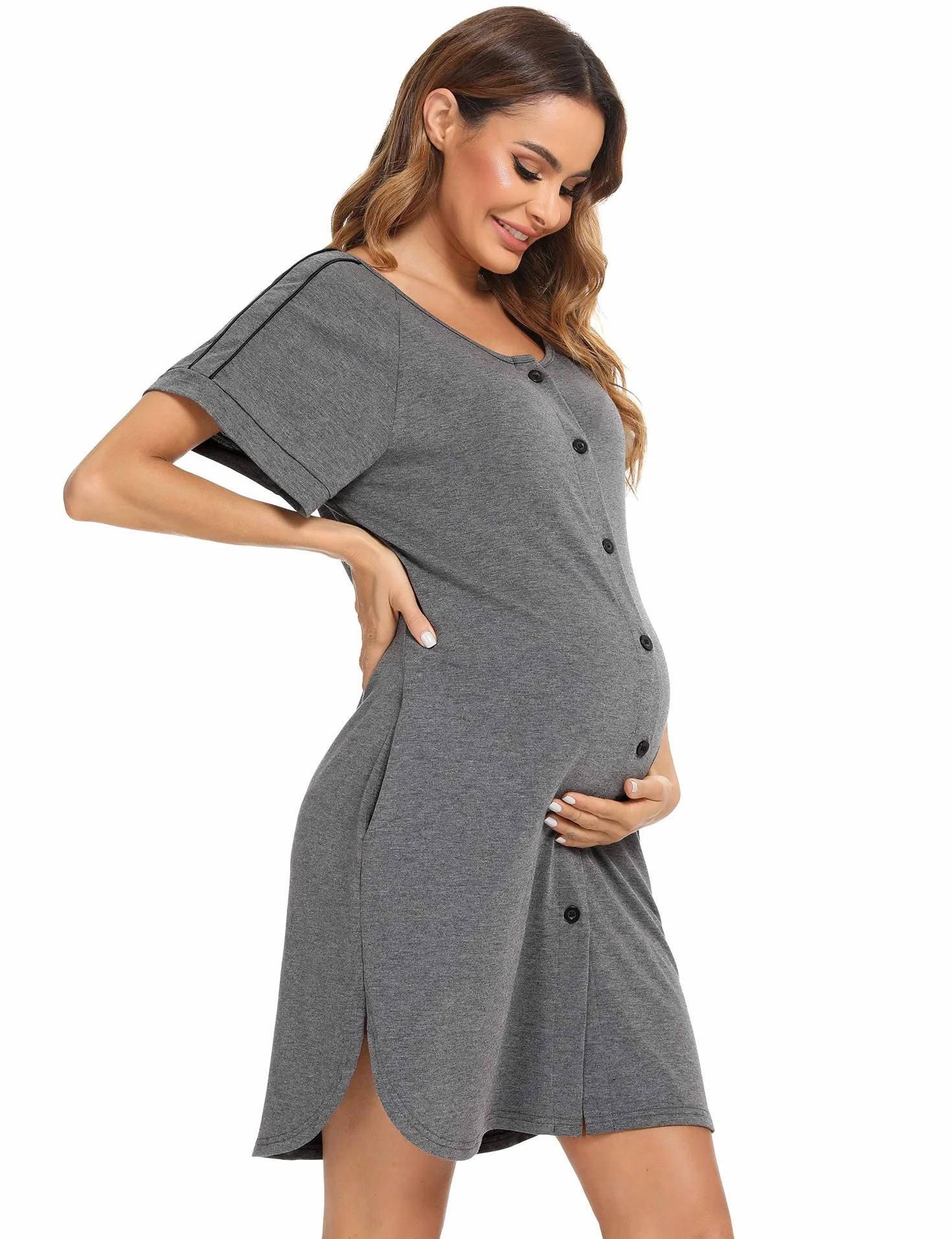 iClosam Chemise de Nuit Maternité Femme Coton Robe Allaitement Con Bouton Pyjama Manche Courte Nuisette Enceinte Devant Ouvert S-XXL