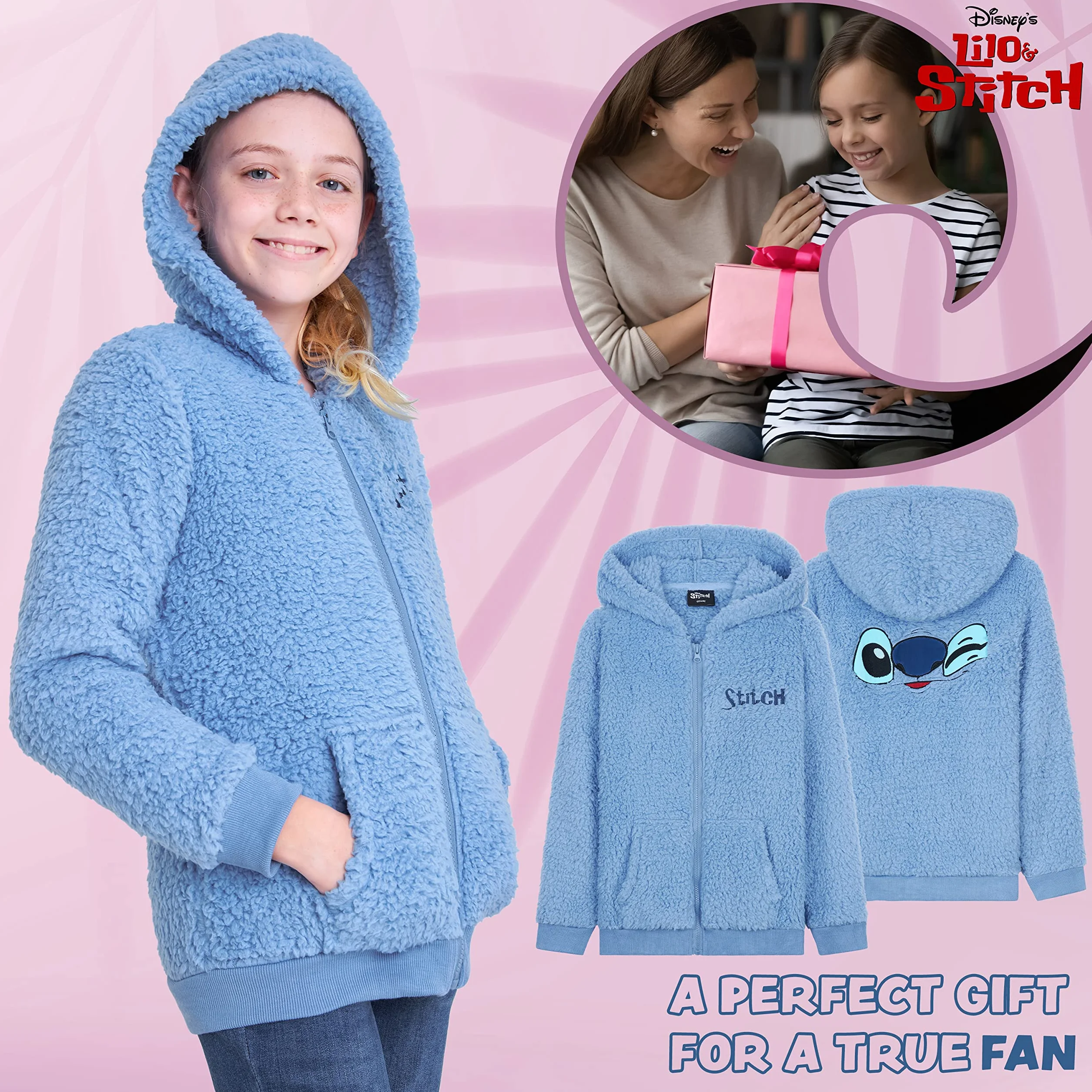 Disney Sweat Zippé Fille Stitch Polaire Sherpa Enfant 7-18 Ans
