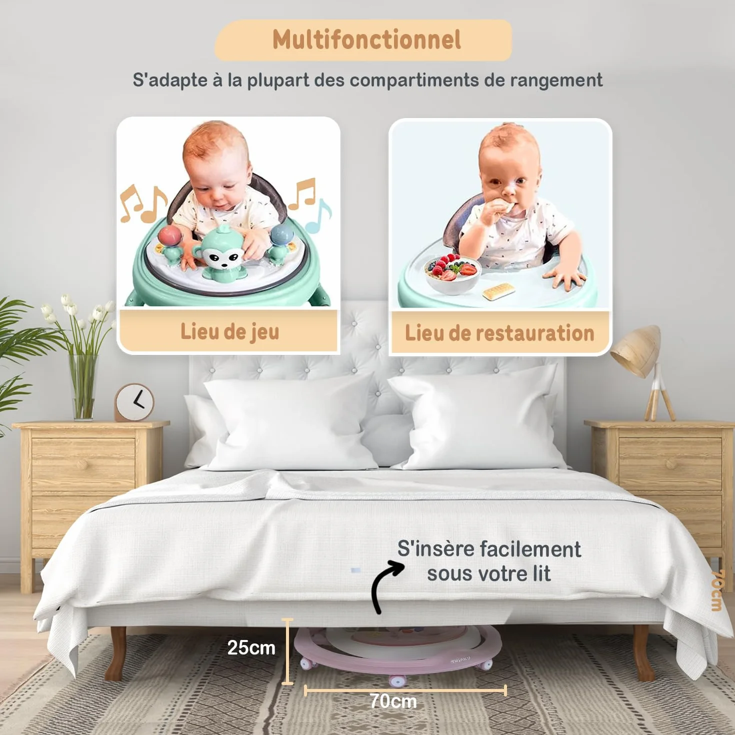 Twinky Trotteur Bebe avec ensemble de jeu et tapis de sol - Aide à la marche robuste 4 positions réglables - Rose