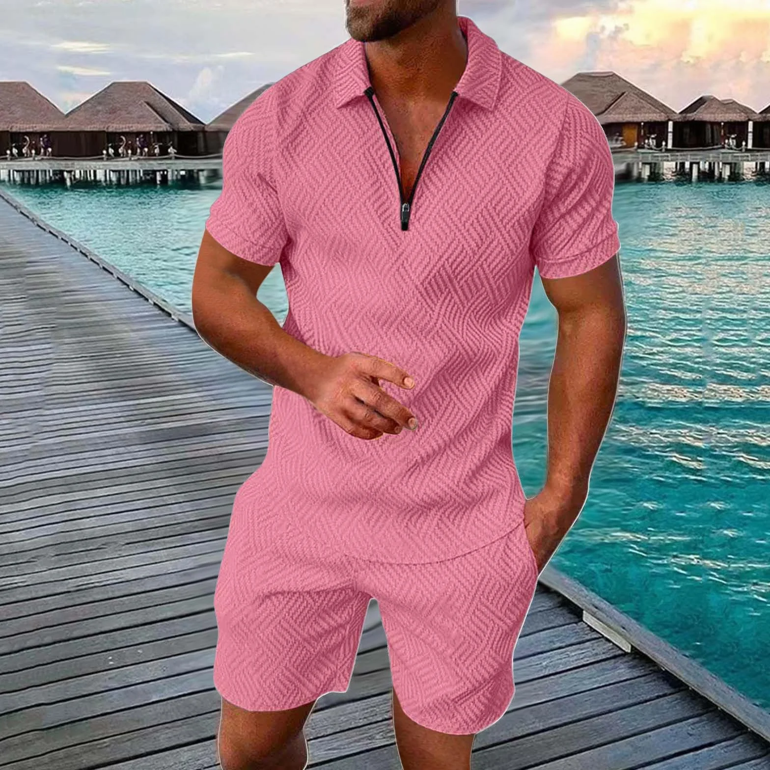 Survêtement de Sport T-Shirt à Manches Courtes Fermeture éclair et Short Ensemble Court 2 Pièces Pour Homme