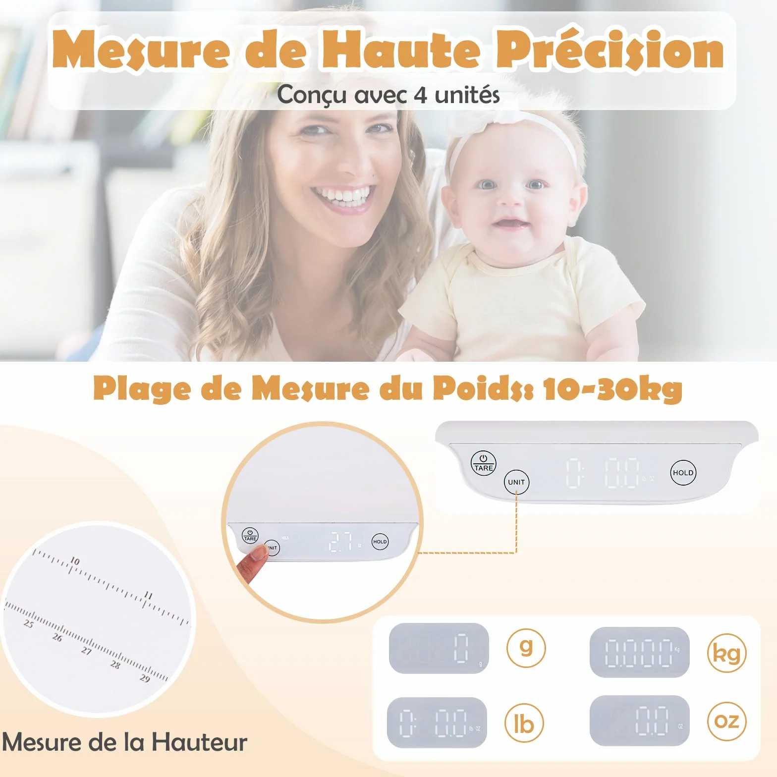 DREAMADE Pèse-bébé Numérique 30KG Balance Enfants Animal Multifonctionnel 4 Modes Affichage LED Précise 2g Fonction Maintien Échelle 60CM Bluetooth