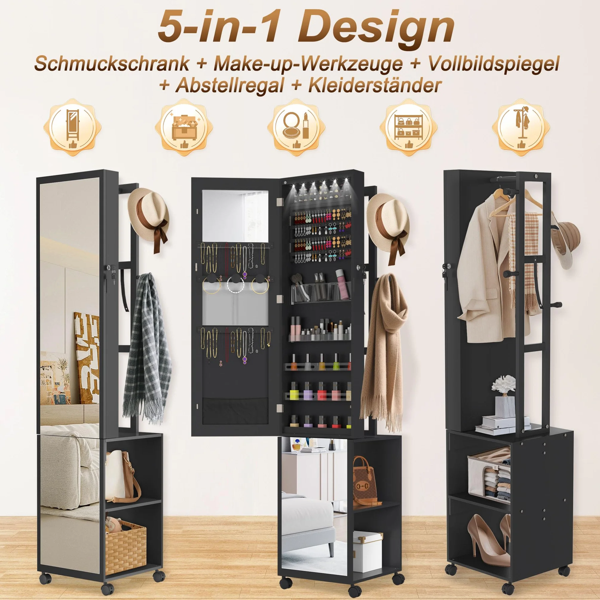 LZQ Armoire à bijoux avec miroir et lumières LED - Verrouillable - 36 x 40 x 170 cm - Noir