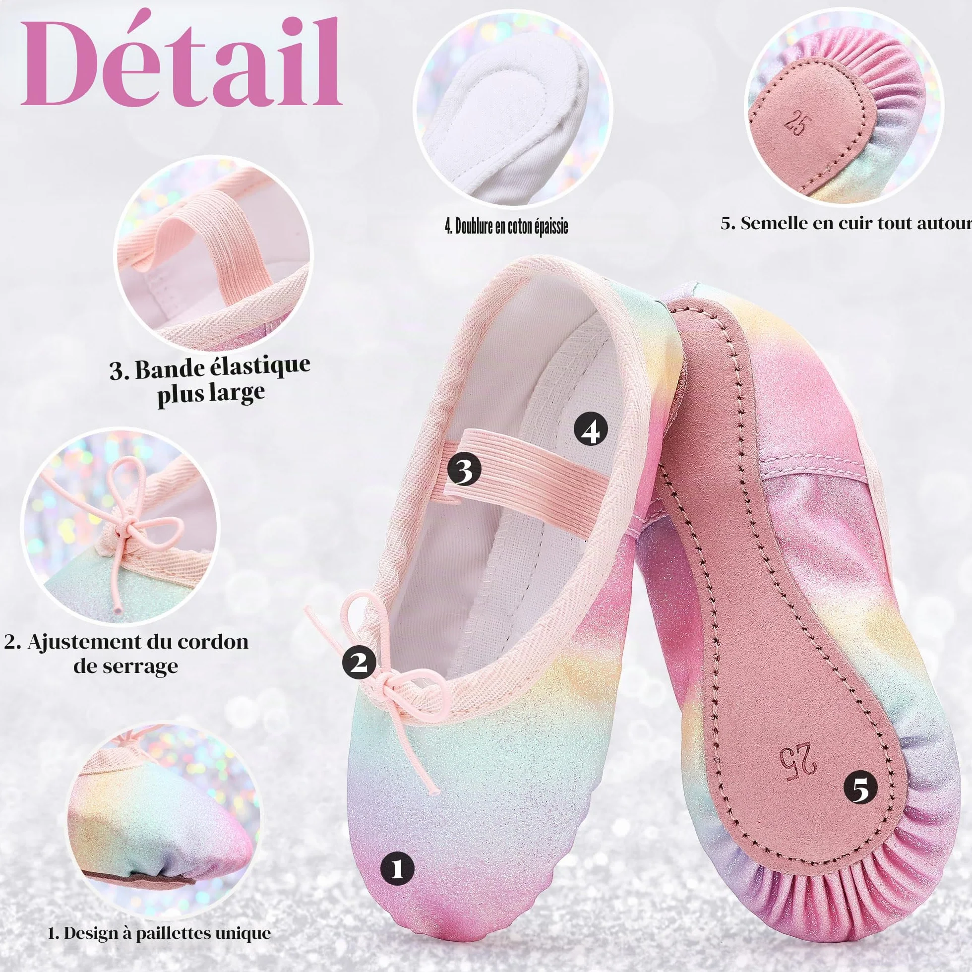 Chaussures de ballet pour filles - Chaussons de danse en cuir à paillettes - Ballerines plates semelle complète