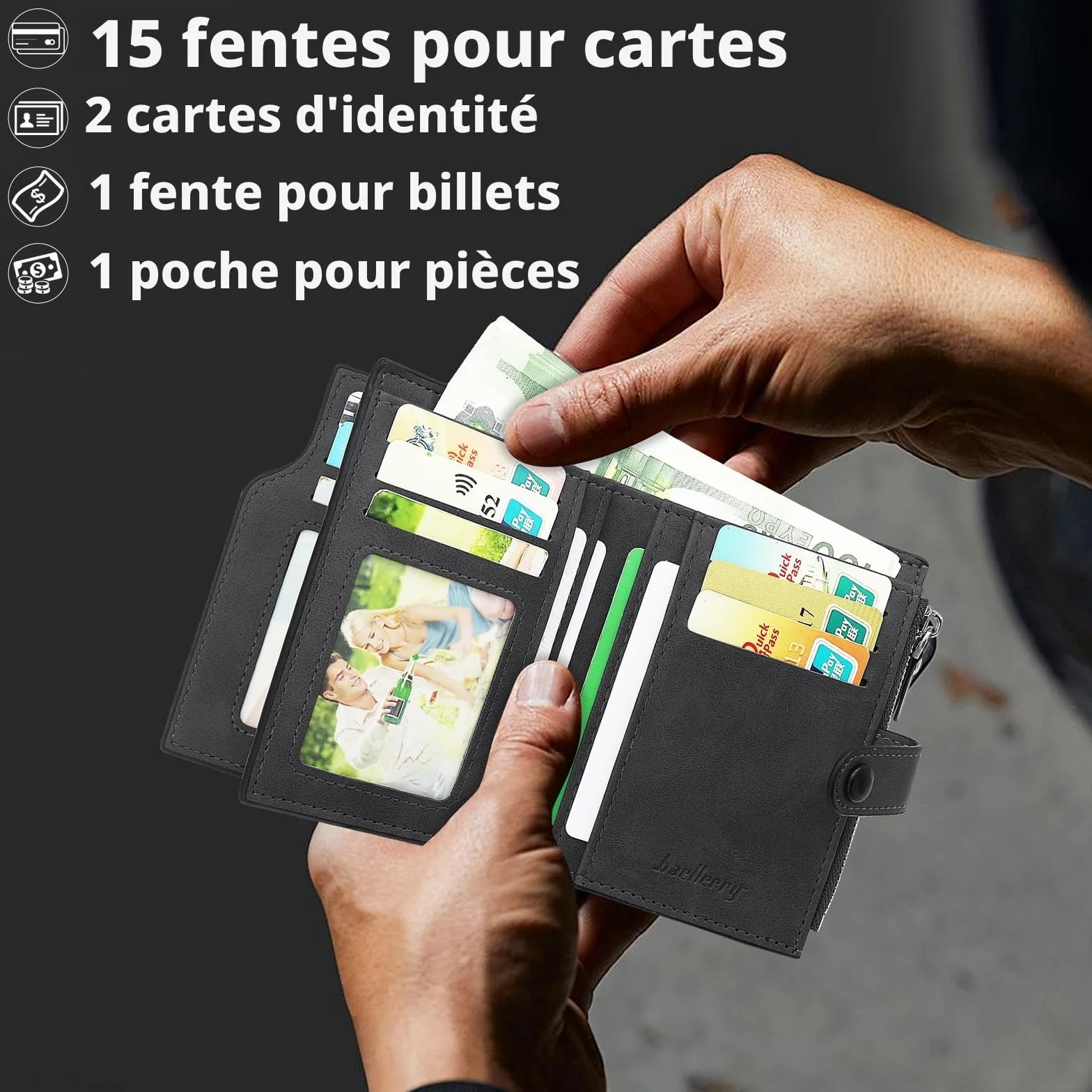 Portefeuille Homme RFID Bloquant Cuir PU avec 17 Porte Carte, Vertical Zippé Noir