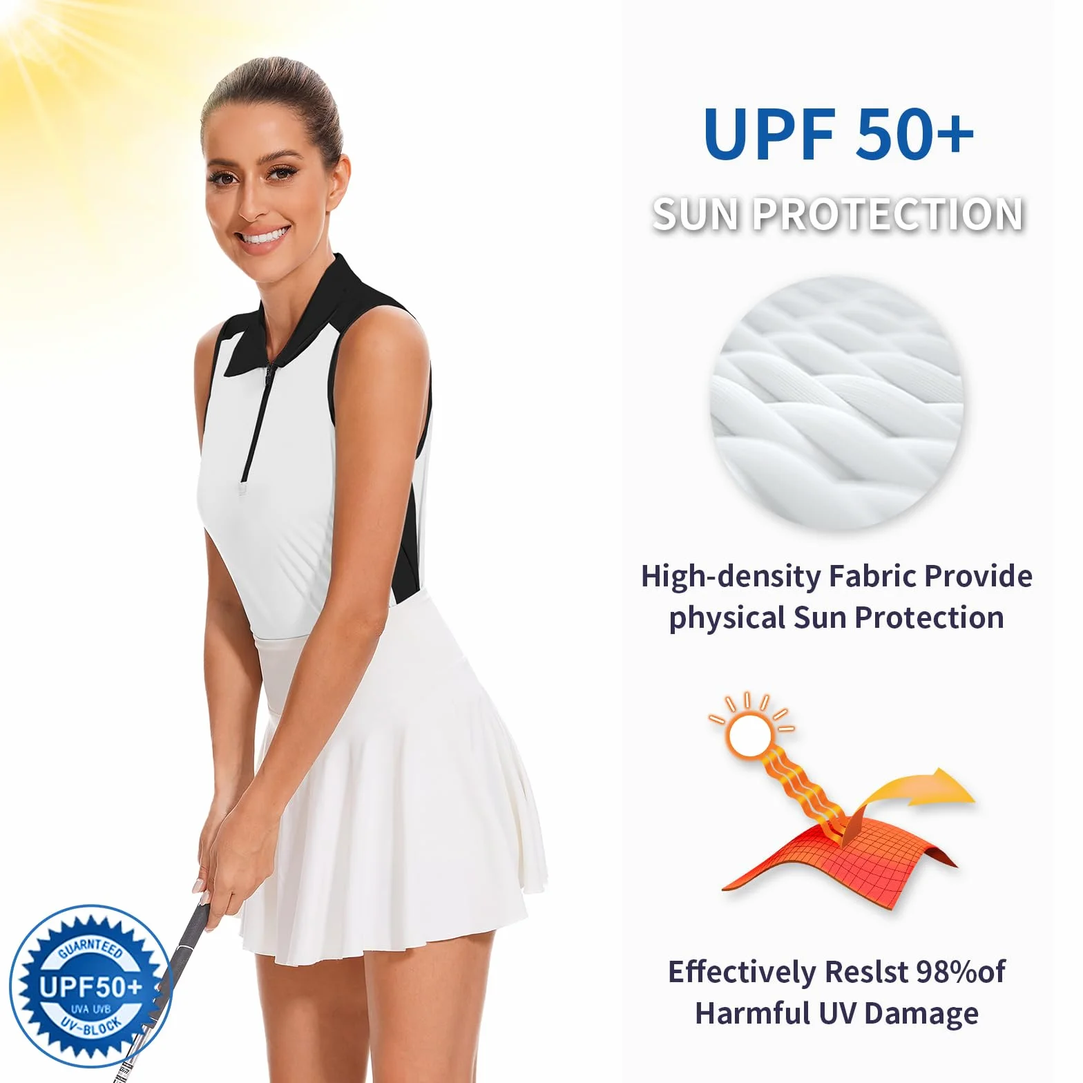 Soneven Polo Femme Manches Courtes 1/4 Zipper d'été Golf Tennis Tops Sport Shirt Blanc