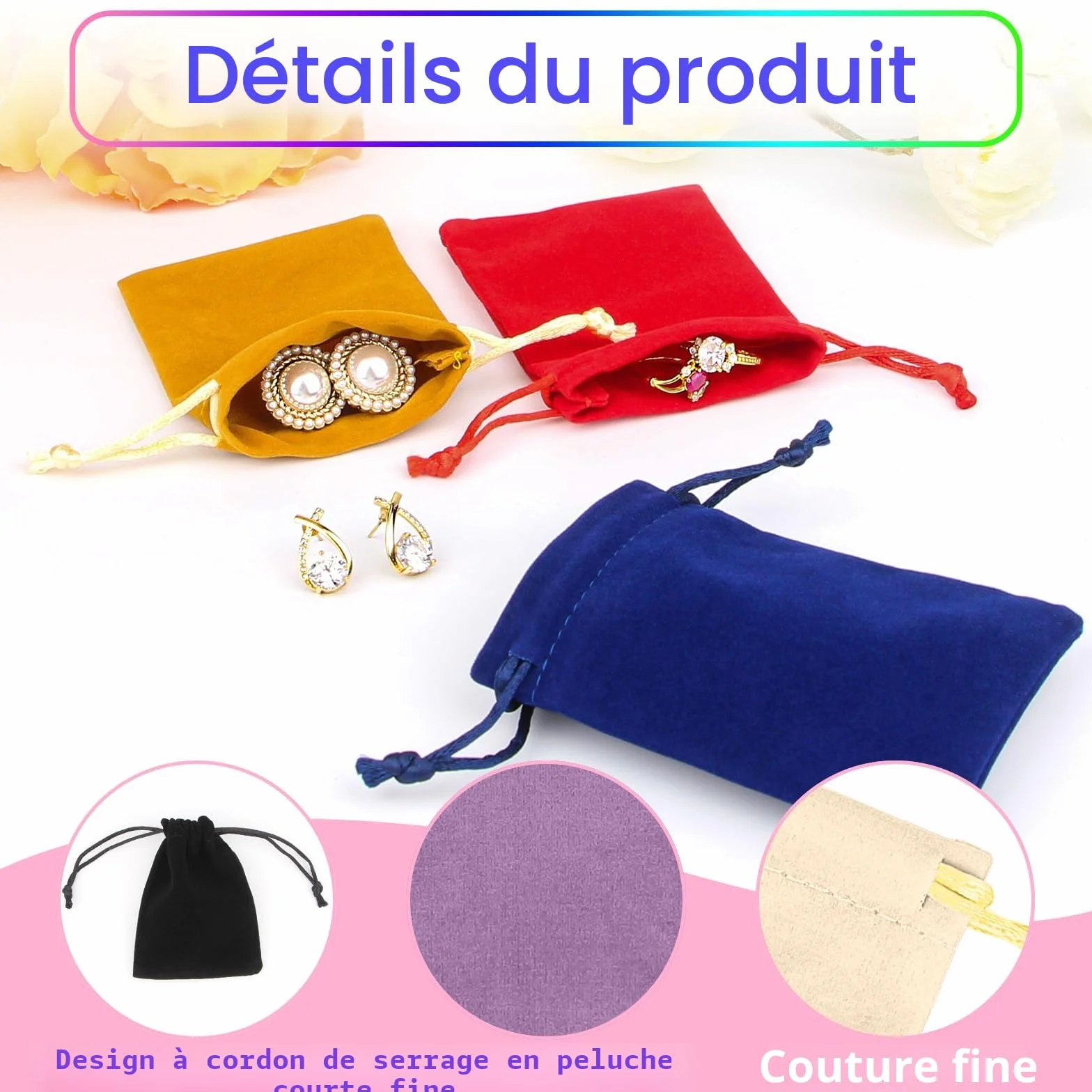 Mini Pochette Bijoux 38 Pièces Pochon avec Cordon, Petit Sachet Tissu 7x9cm en Velours, pour Bagues Cadeau Bijoux (19 Couleurs)