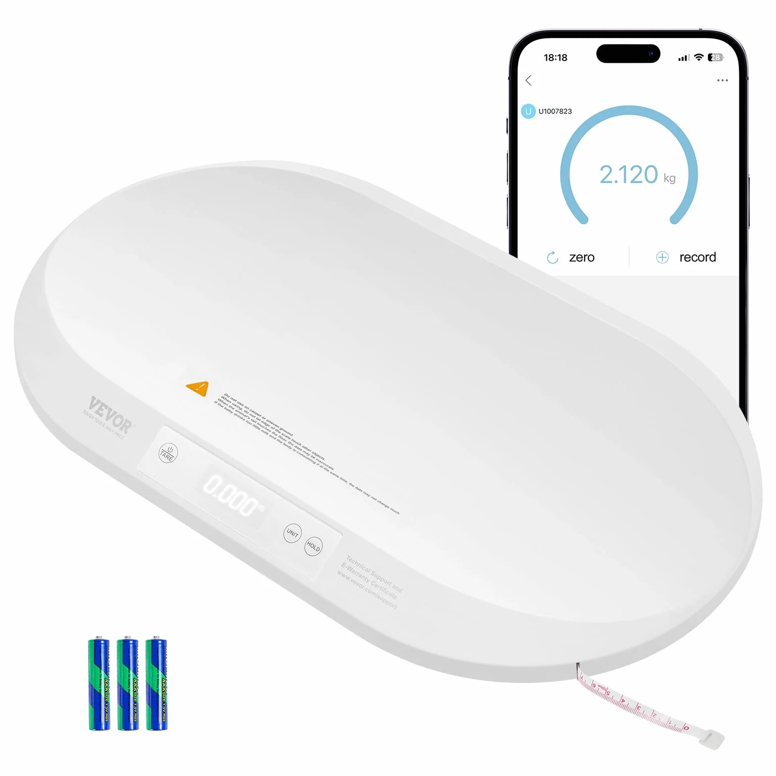 VEVOR Pèse-bébé Numérique Bluetooth, Ruban à Mesure Intégré, Fonction Maintien et Tare, 40 kg, 5 Unités