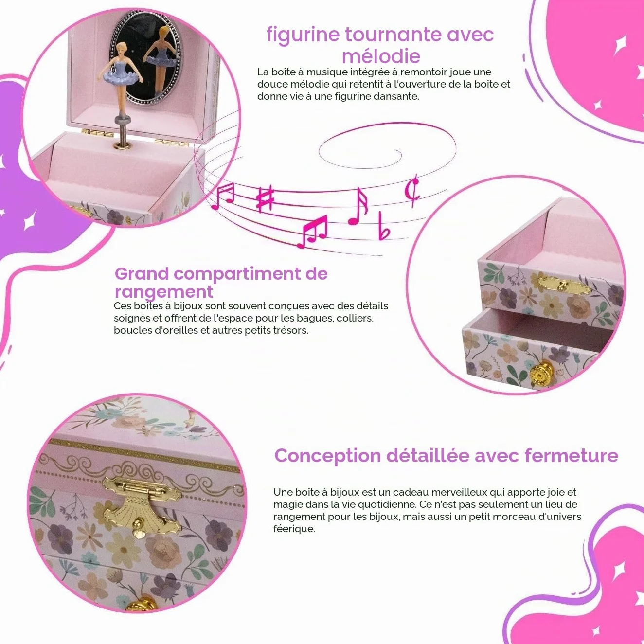 GICO Boîte à bijoux Ballerine avec tiroir pour filles, boîte à musique avec figurine tournante et miroir
