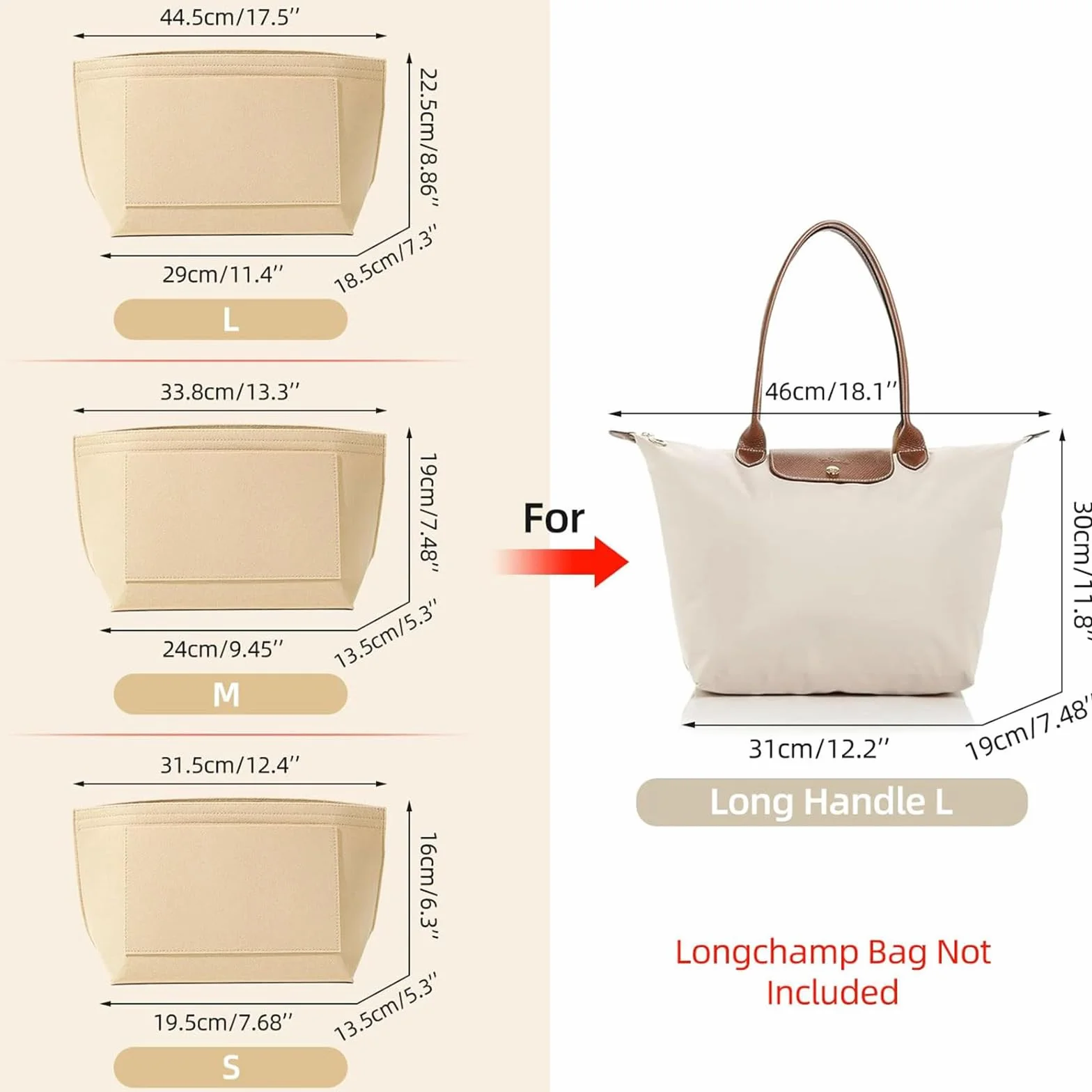 Organiseur de Sac Longchamp Le Pliage L – Insert en Feutre avec Poches