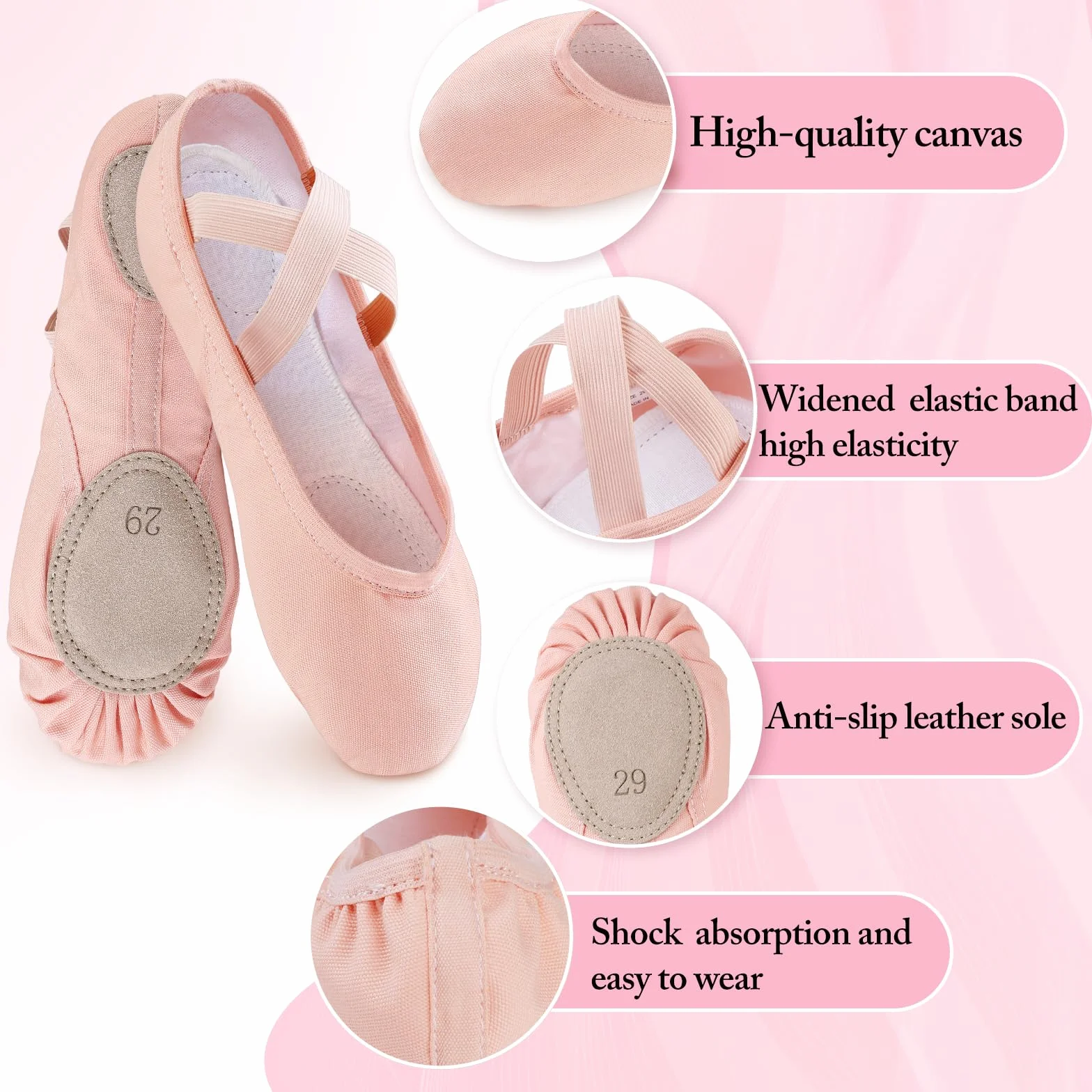 Chaussures de Danse Fille Semelle Scindée Demi Pointe Ballet Canvas Noir Rose Beige