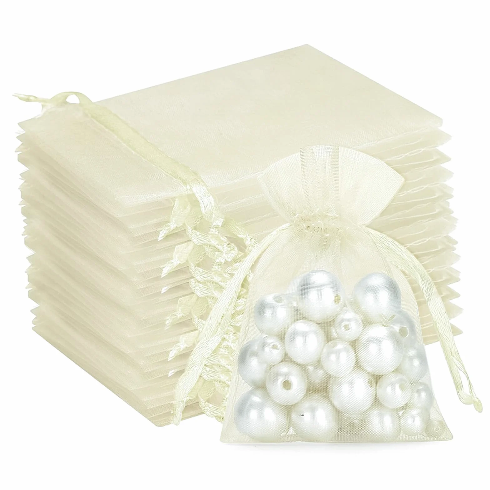 Sacs Organza Beige 7x9cm 100PCS - Pochette Cadeau en Organza pour Mariage, Bonbons, Lavande