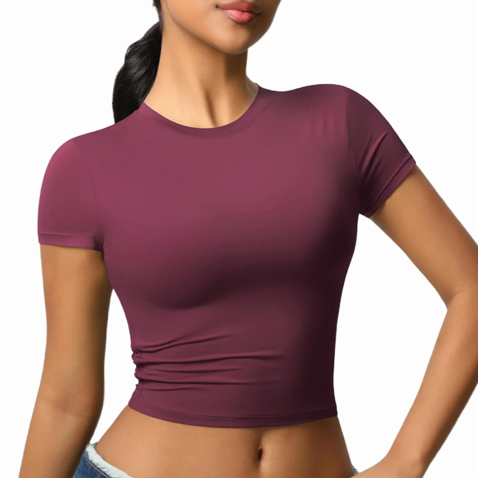 T-Shirt de Sport Femmes Manches Courtes Respirante Chemise Compression Running Crop Top