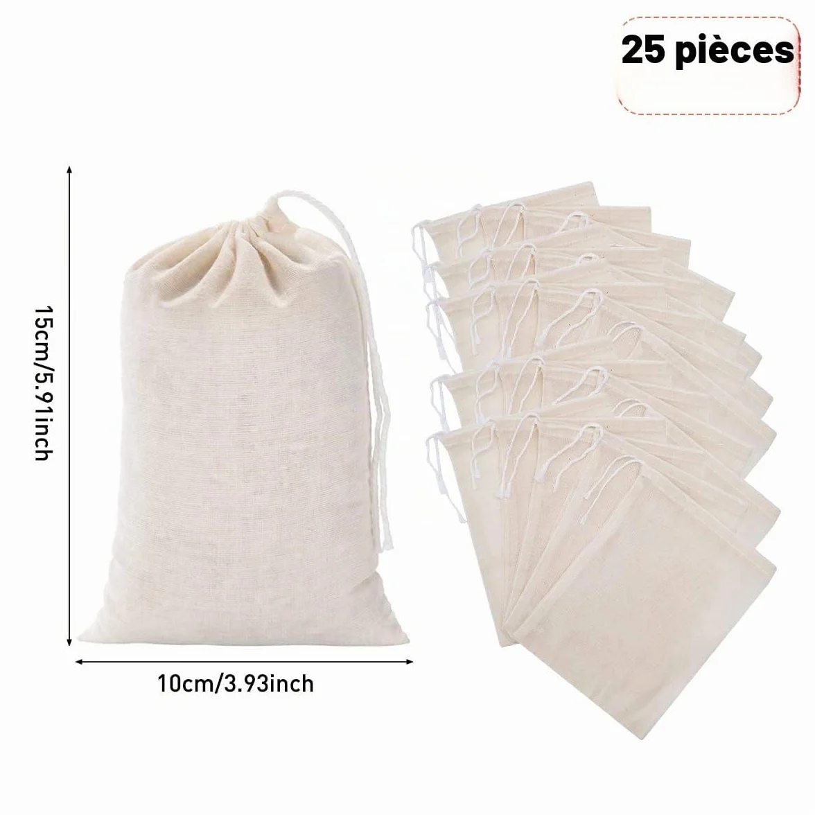 Sacs en Lin Coton 10x15cm avec Cordon de Serrage, Sac Toile de Jute Réutilisable Pochon Tissu Mariage