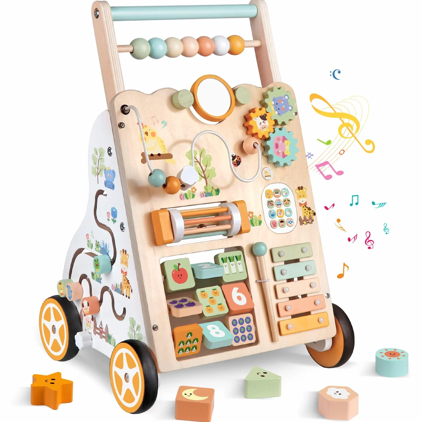 Chariot de Marche en Bois Montessori pour Bébé – Trotteur avec Centre d’Activités – Hauteur et Vitesse Réglables – 12 Mois+