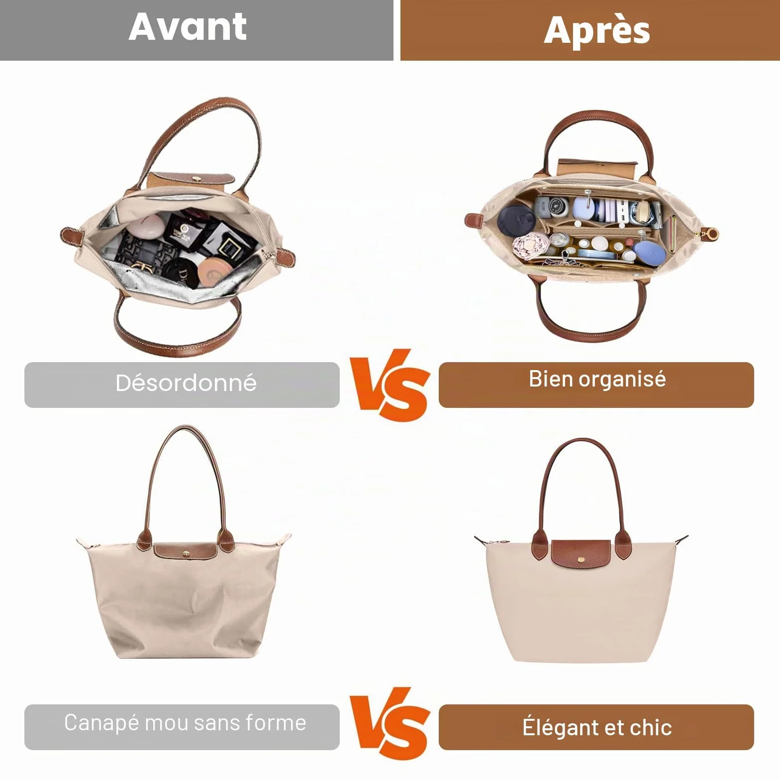 Organiseur de sac Longchamp M, feutre, rangement Le Pliage poches multifonctionnelles grand volume